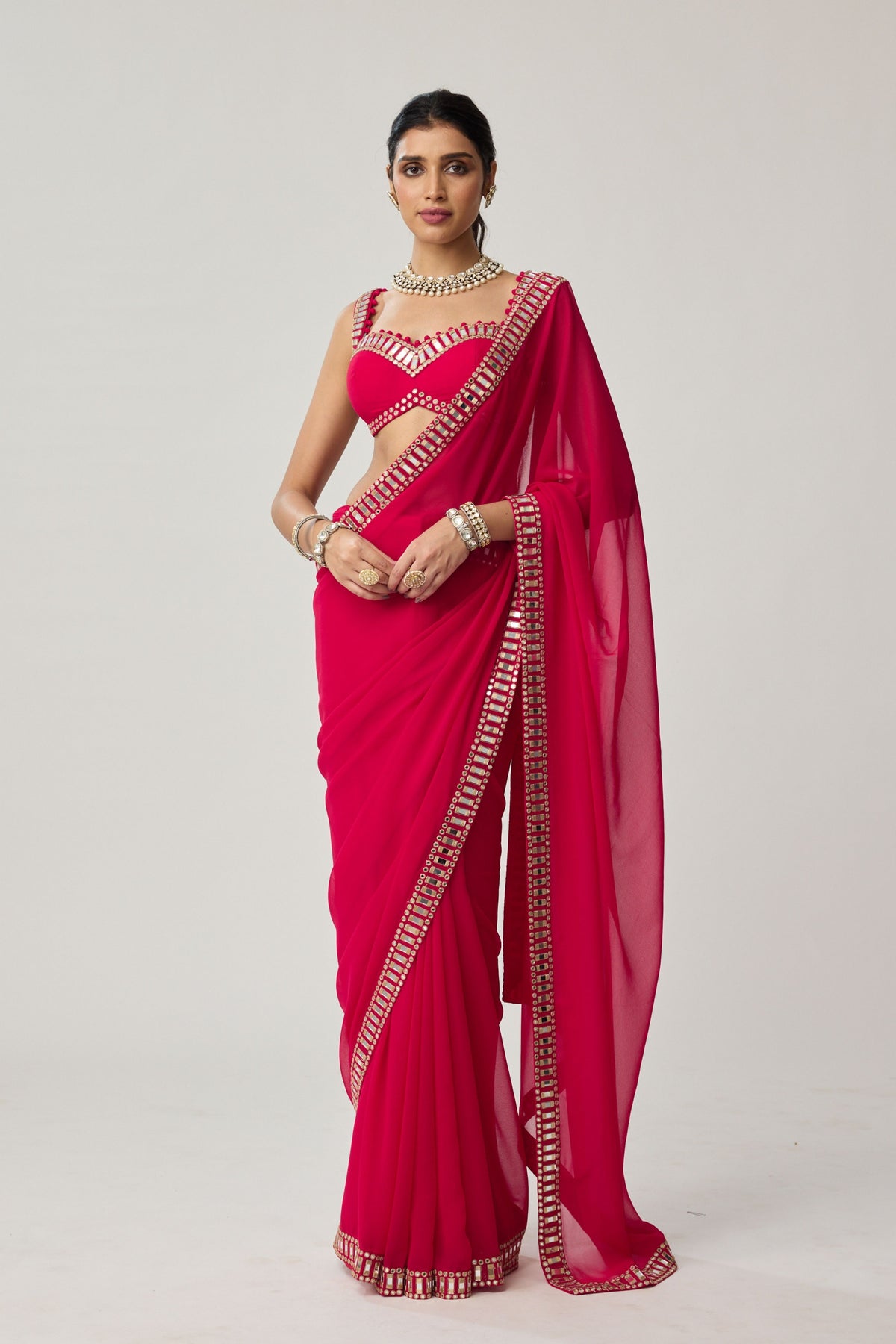Crimson Red Georgette Saree Set