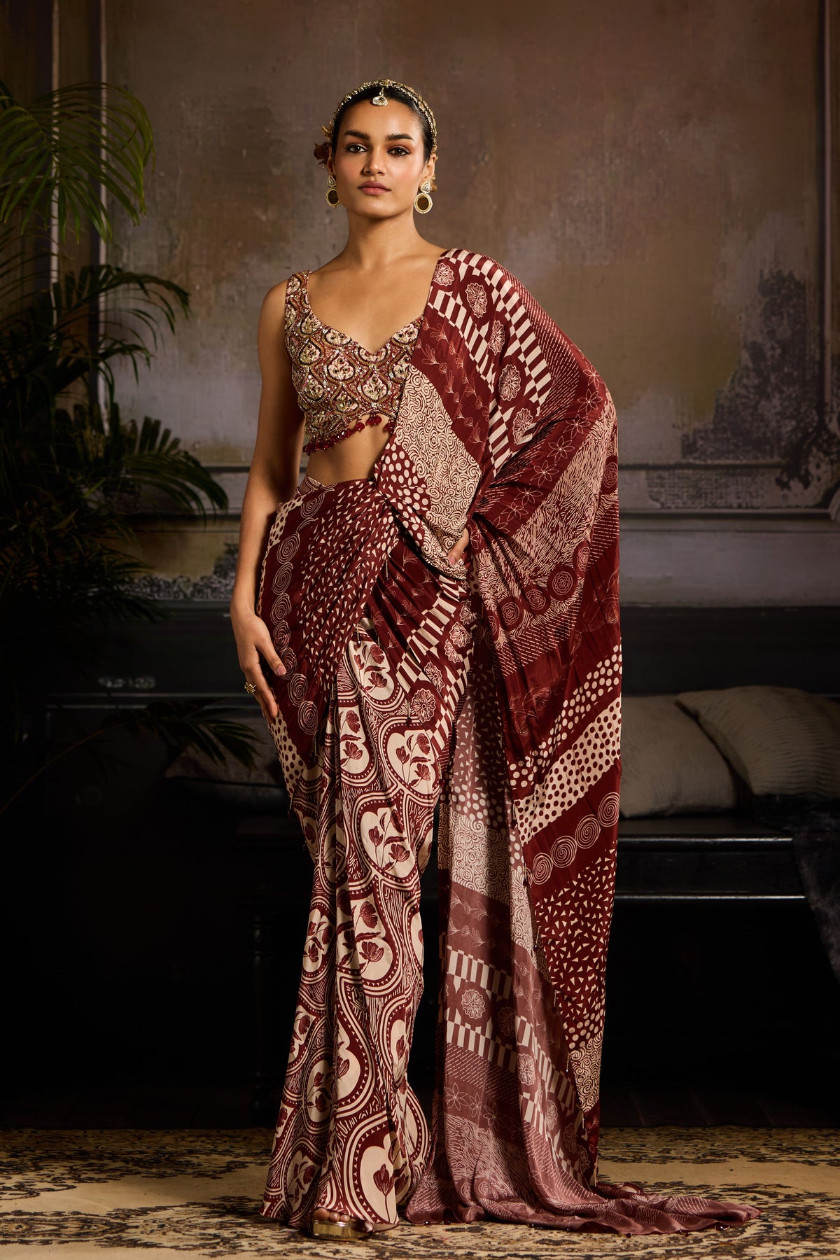 Maroon Leaf Printed Drape Saree Set