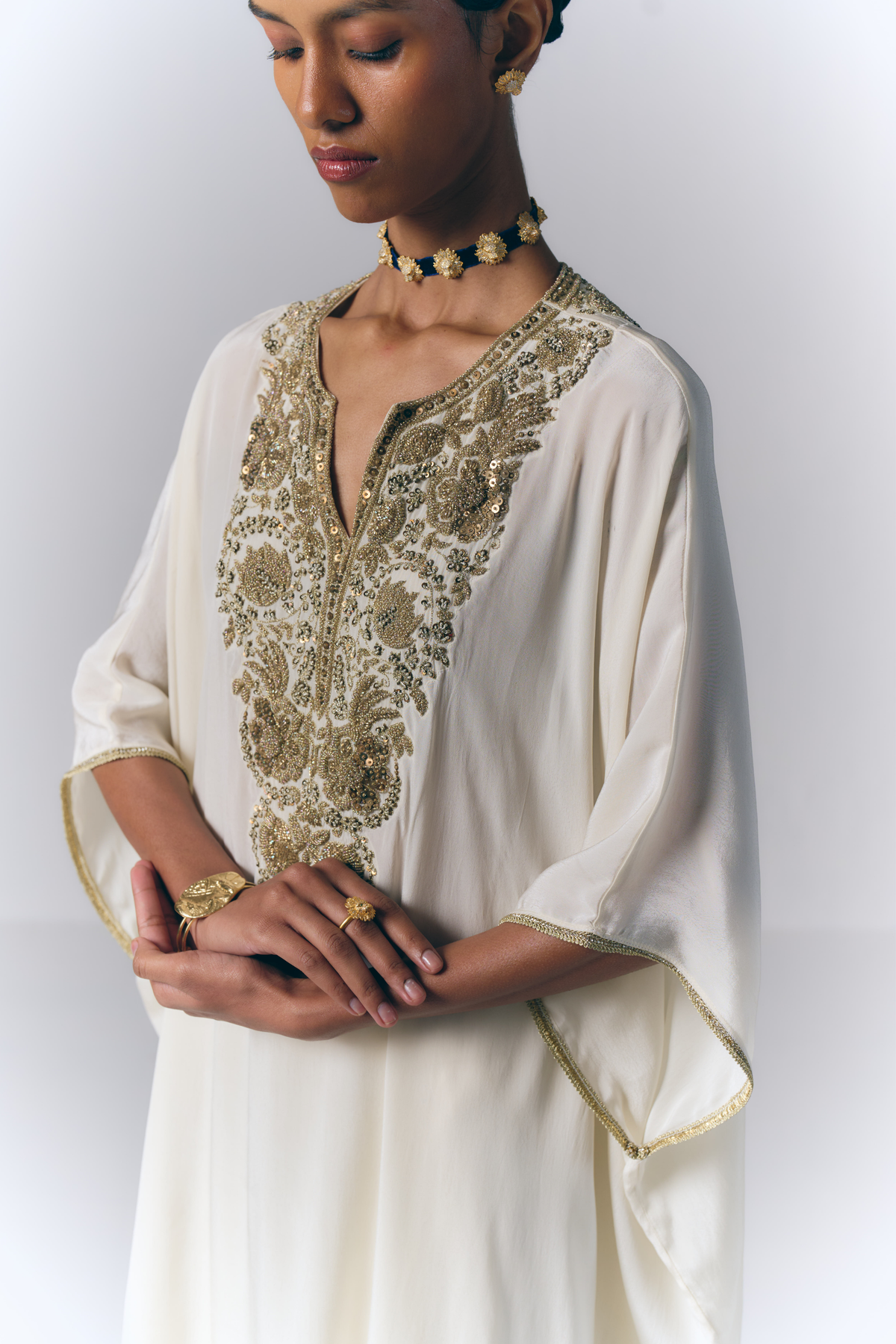 Ivory Embroidered Kaftan Set