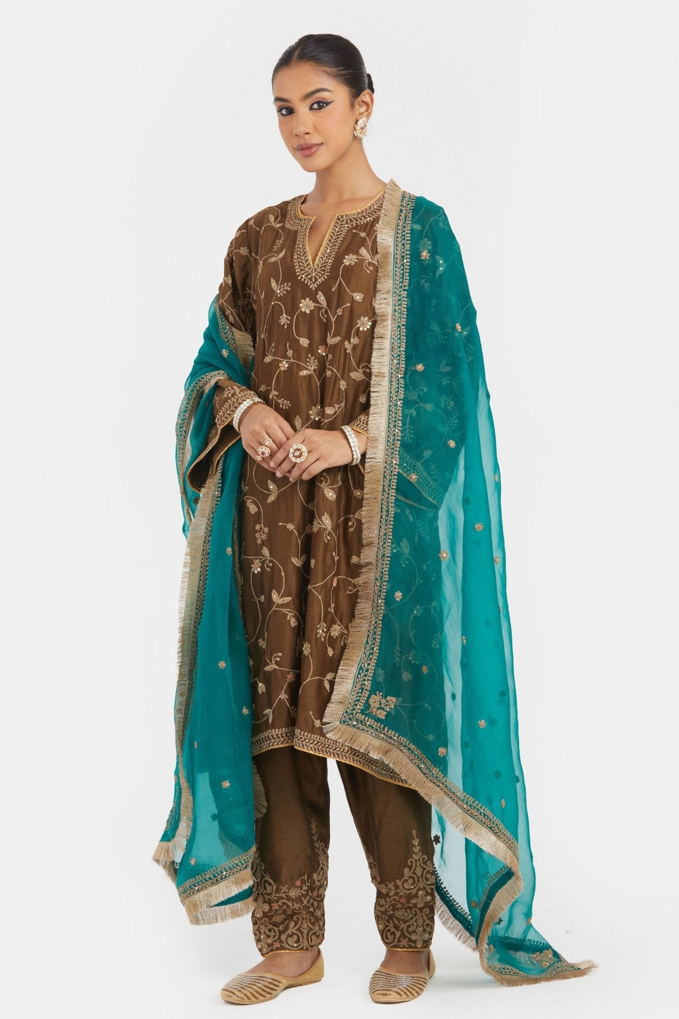 Olive A - line Kurta Set - Kora - Elahe