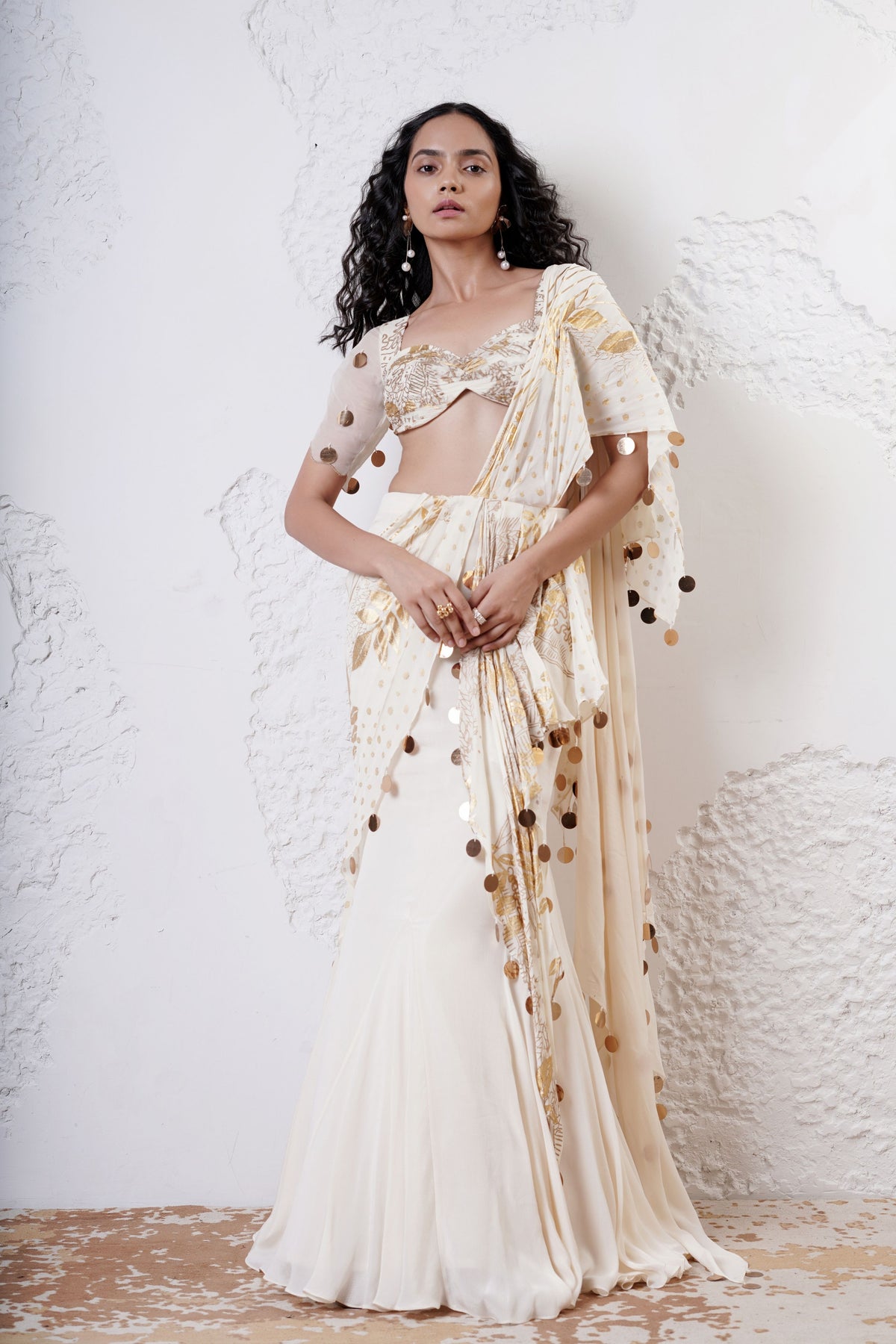 Ivory Foil Drape Saree Set