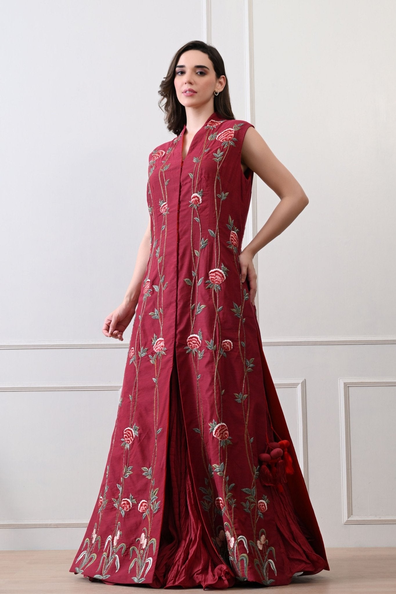 Maroon Long Jacket Anarkali Set - Samant Chauhan - Elahe