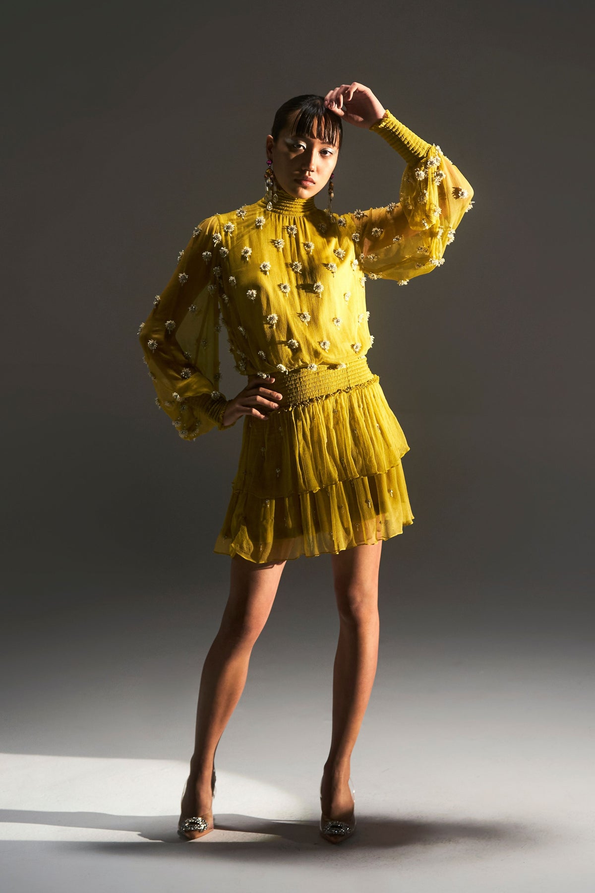 Lime Yellow Embellished High Neck Dress