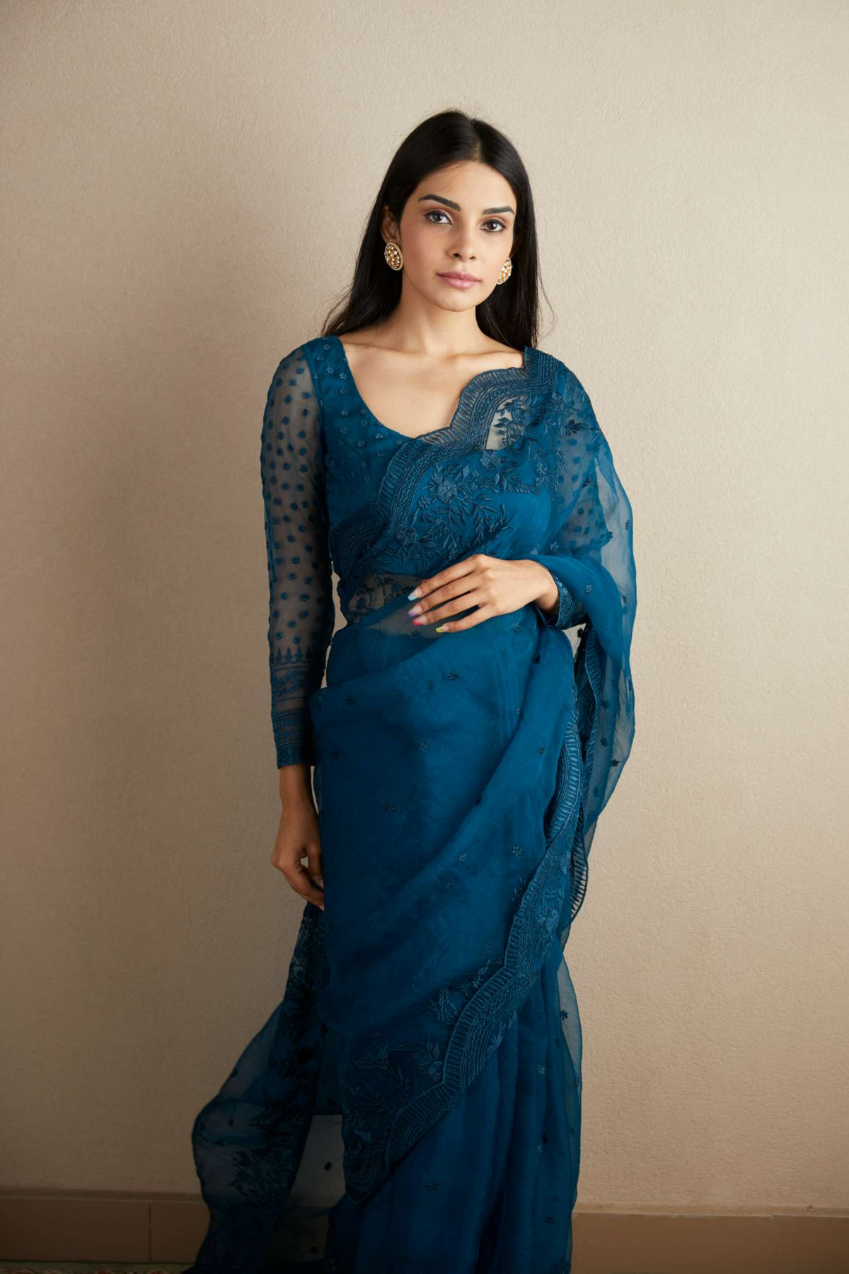 Teal Blue Organza Saree Set