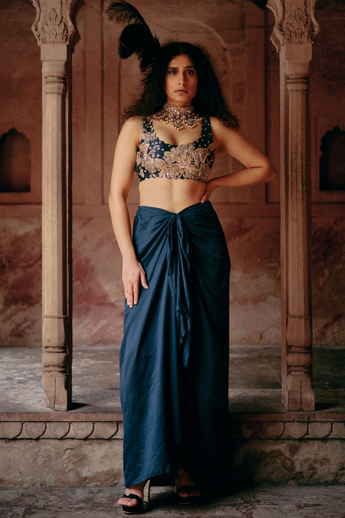 Embroidered Blue Jacket Set