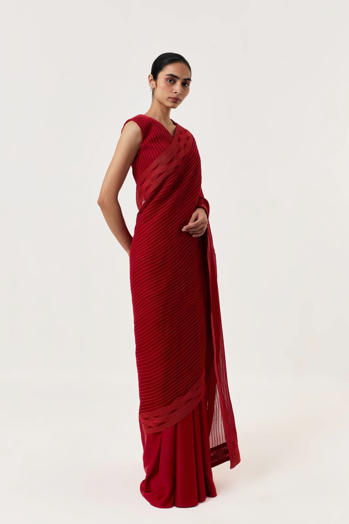 Entwined Red Corded Saree With Striped Pallu