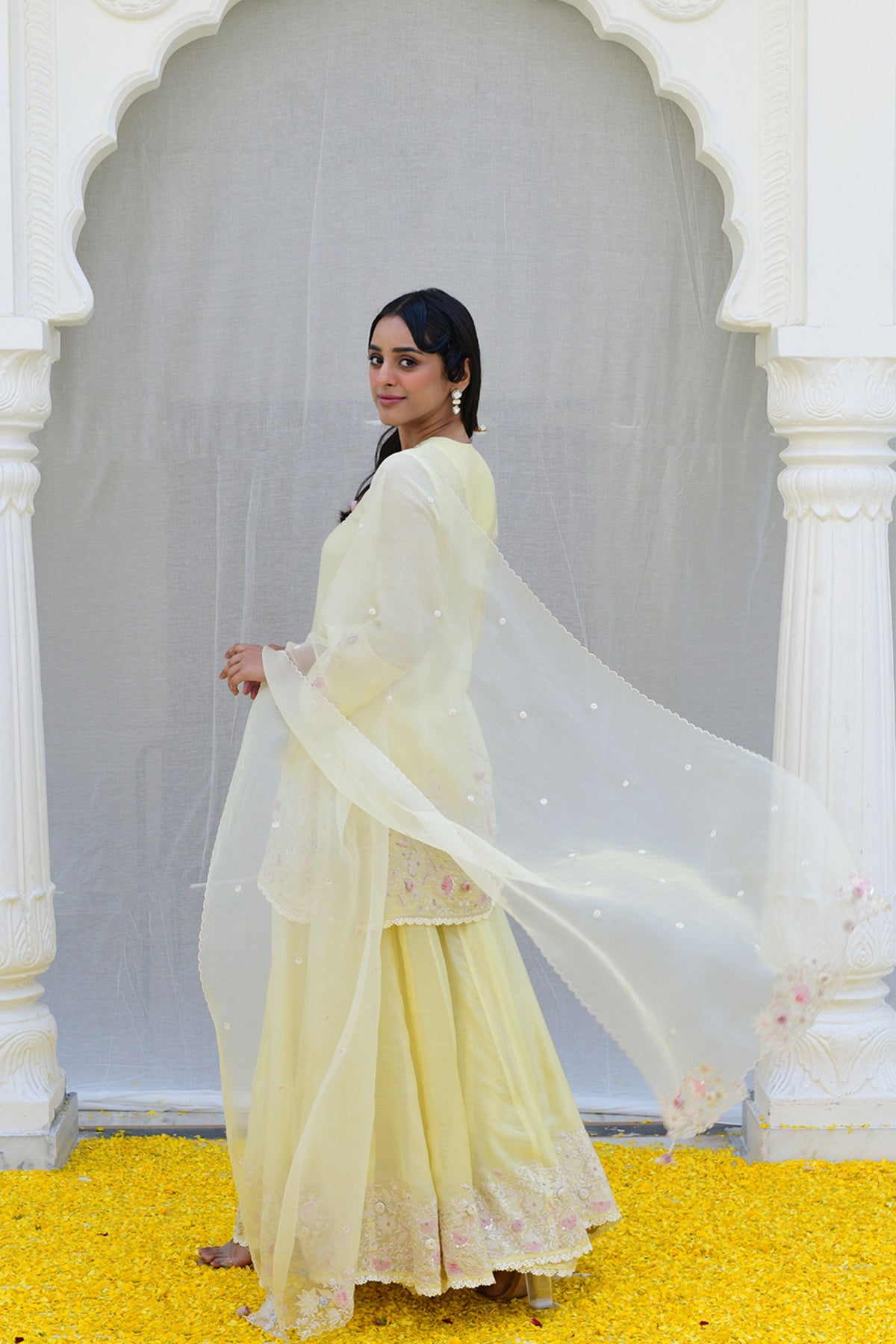 Lemon Yellow Heavy Ivory Sharara set