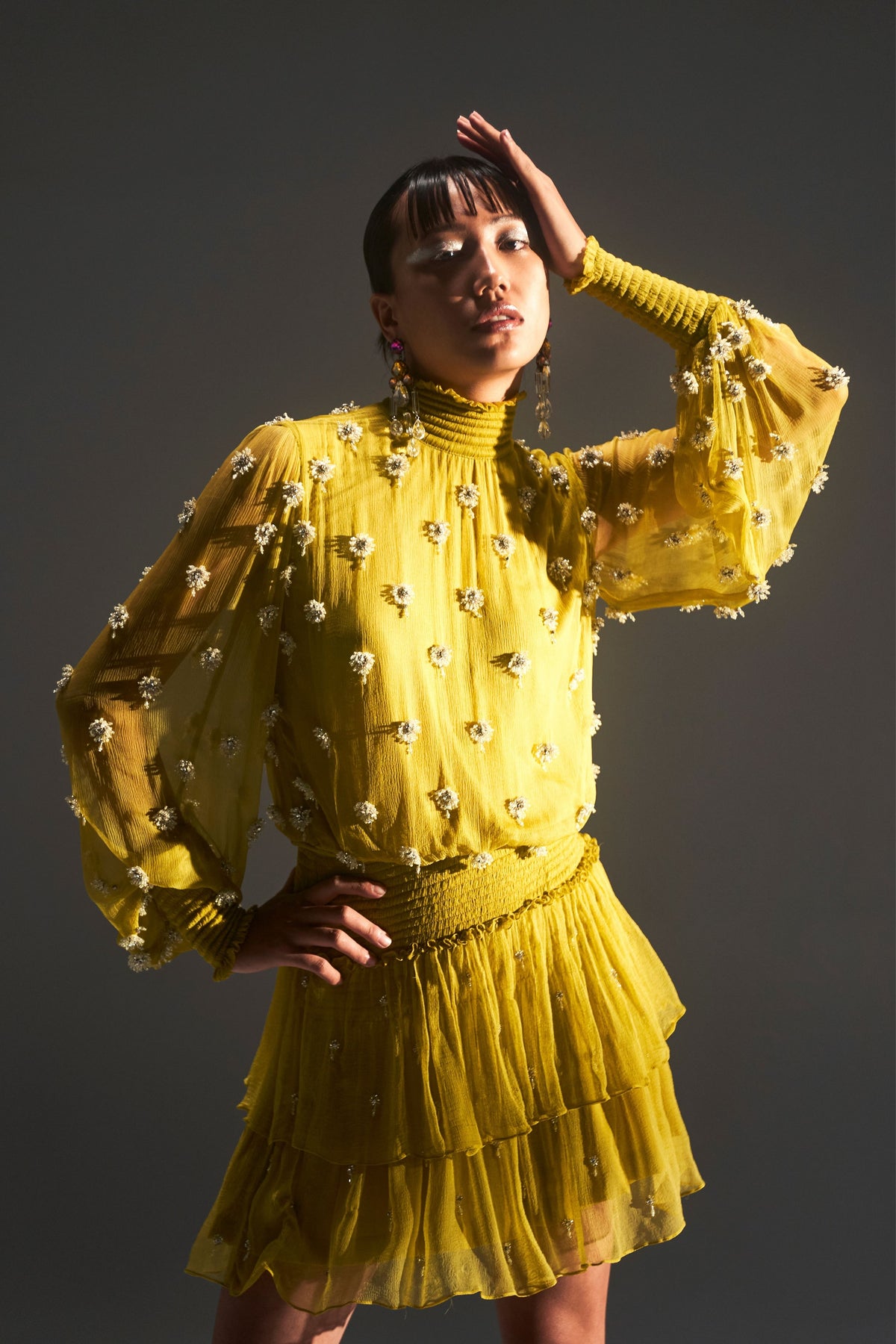 Lime Yellow Embellished High Neck Dress