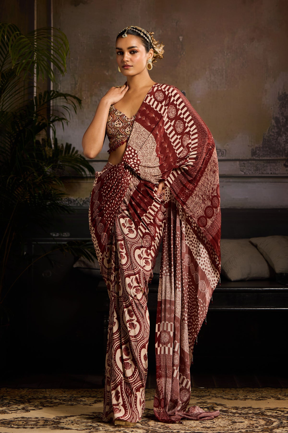 Maroon Leaf Printed Drape Saree Set