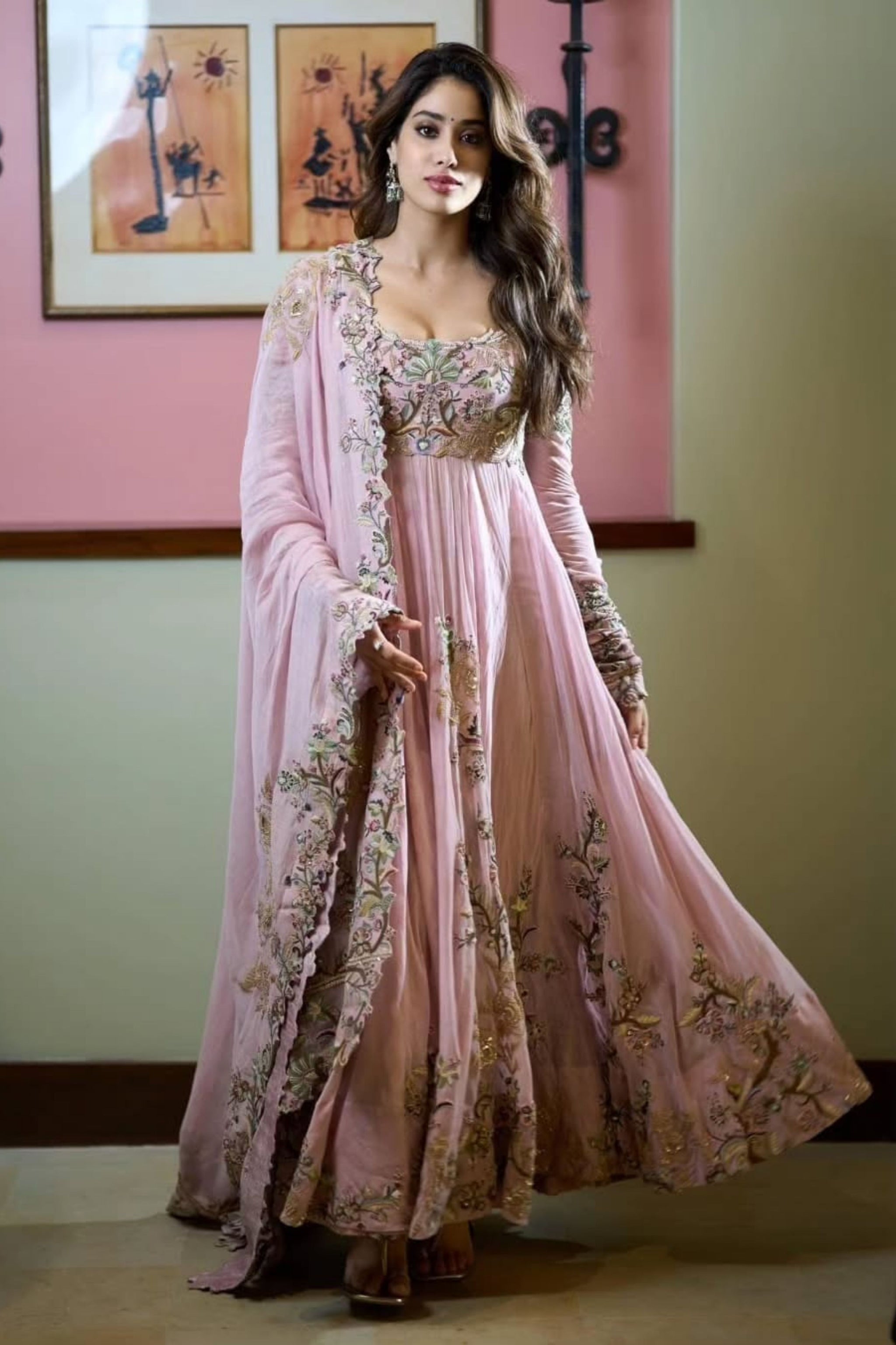 janhvi kapoor pink dress The stunning Janhvi Kapoor (@janhvikapoor) in a vintage rose pink lace lehenga and bralette, brought to life with pearls and Swarovskia vision of romance from the Inaya Collection. Styling: @meaganconcessio Makeup: @savleenmanchanda