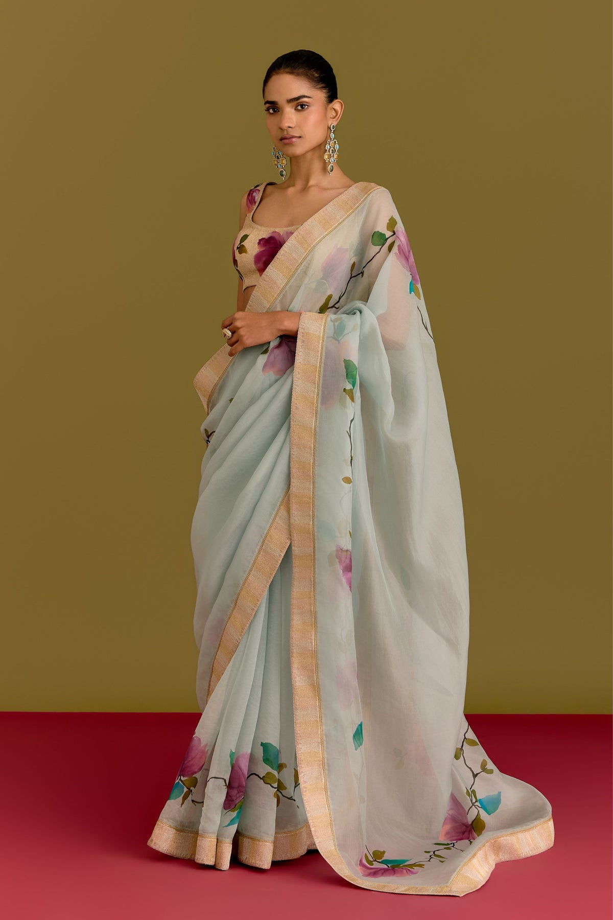 Blue Hand Painted Saree Set