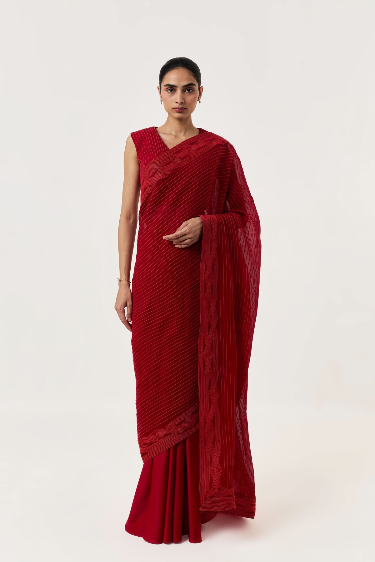 Entwined Red Corded Saree With Striped Pallu