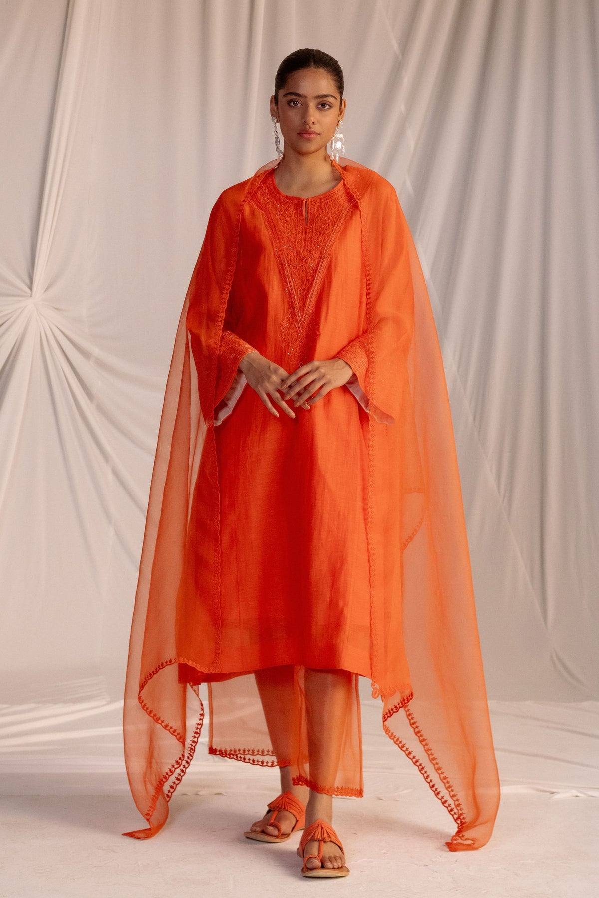 Orange Embroidered Tunic Set