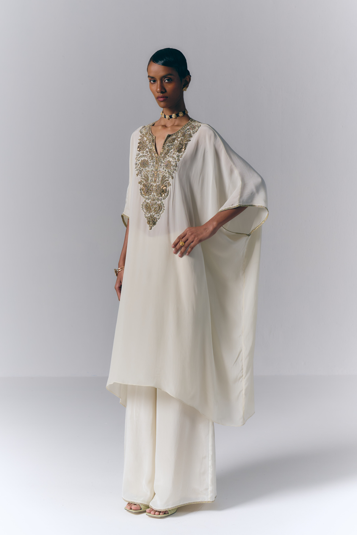 Ivory Embroidered Kaftan Set