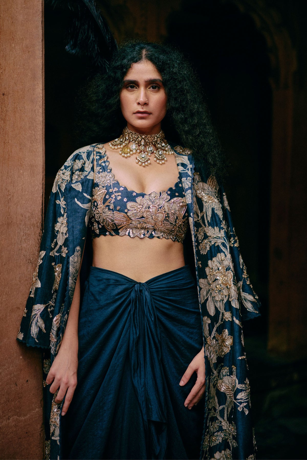 Embroidered Blue Jacket Set