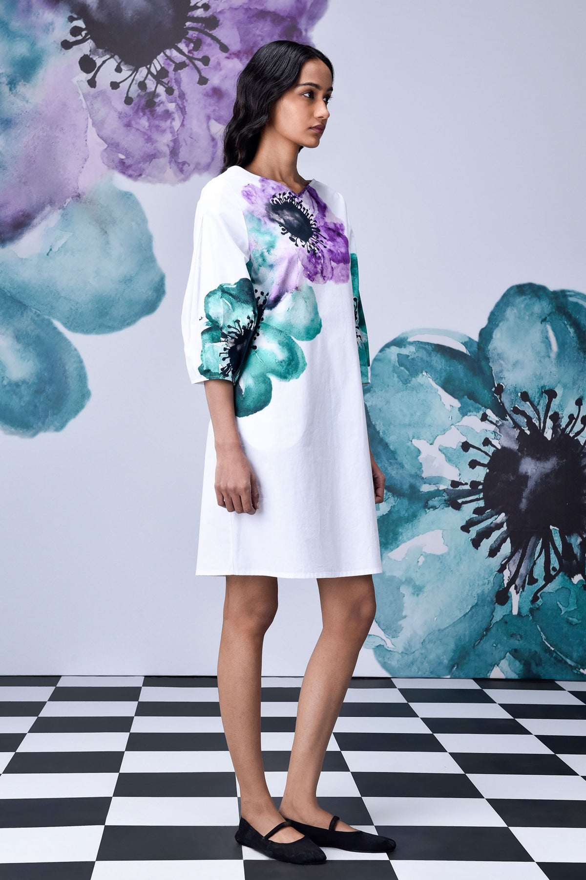 Anemone Flower Dress White Green