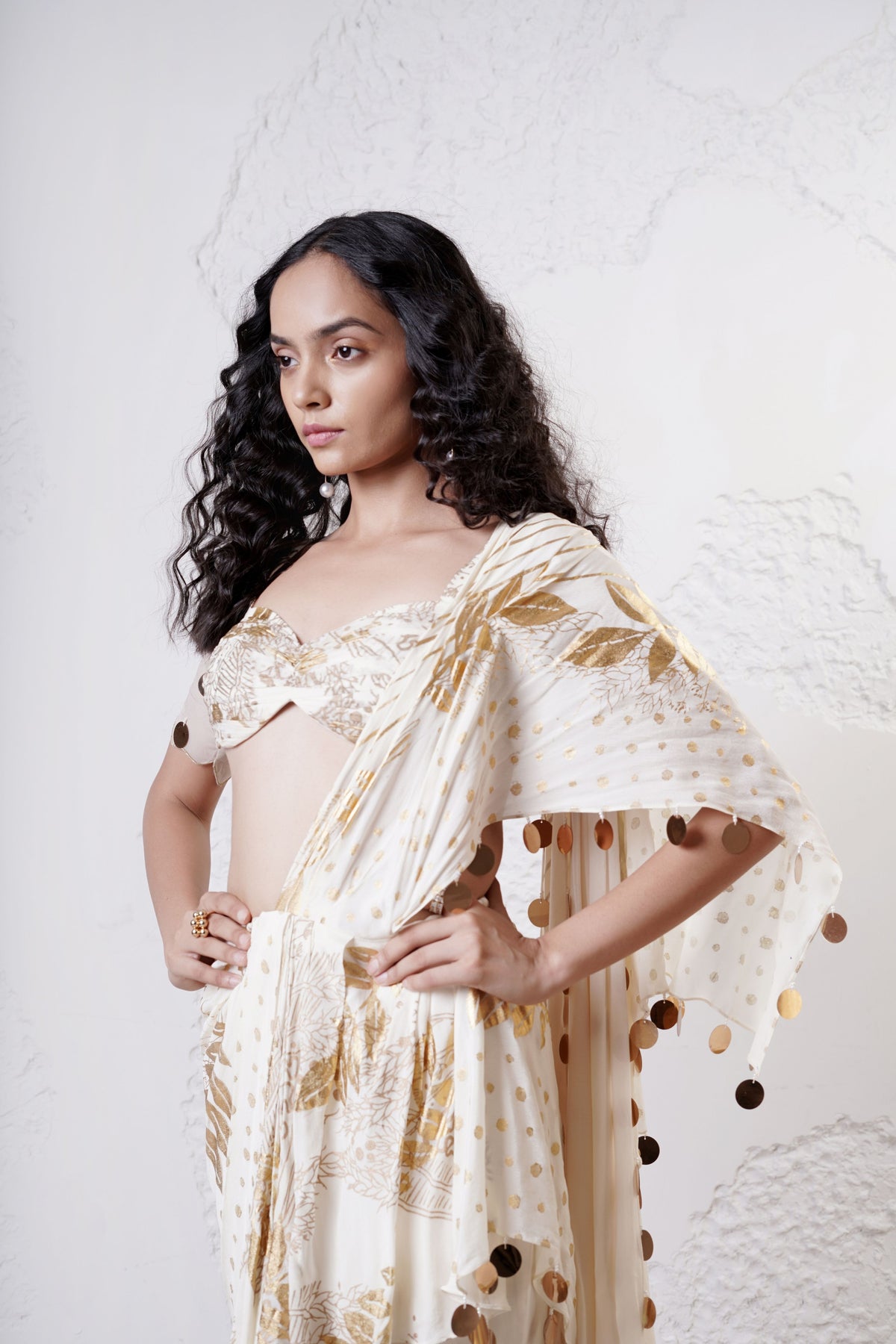 Ivory Foil Drape Saree Set