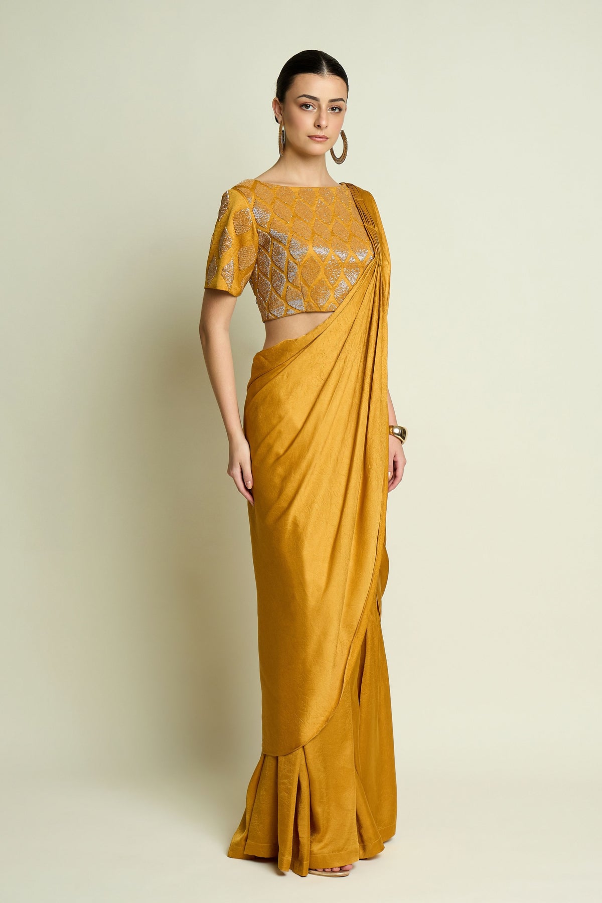 Mustard Embellished Palazzo Saree Set