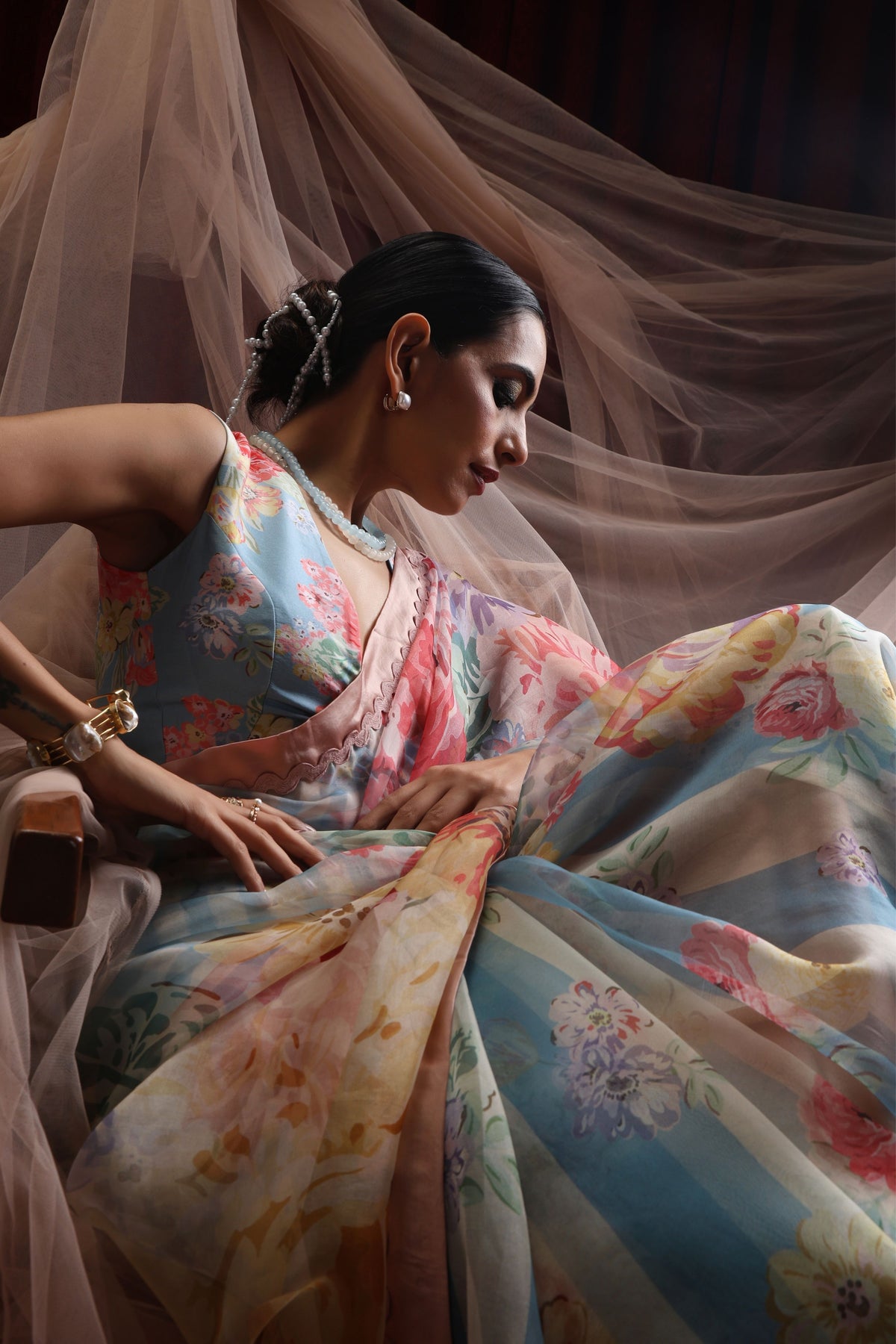 Blue Bloom Saree Set