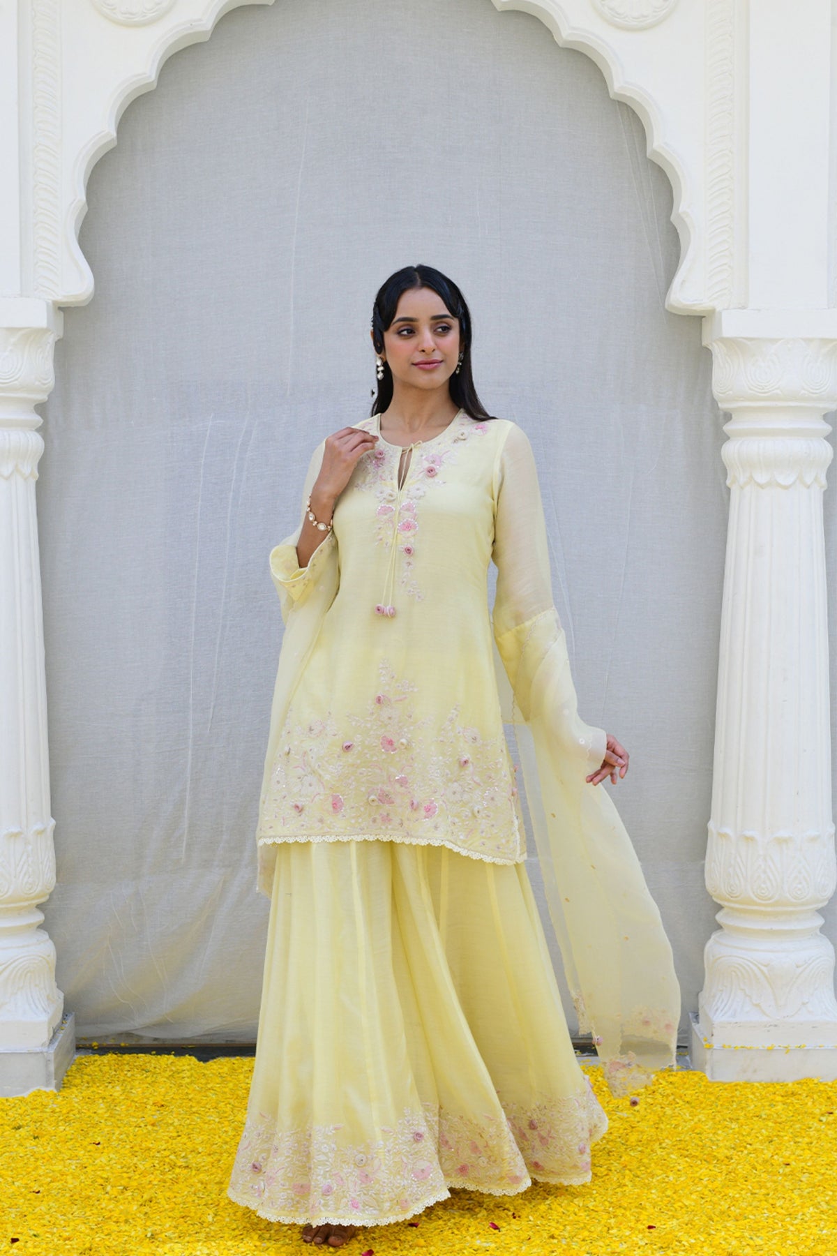 Lemon Yellow Heavy Ivory Sharara set