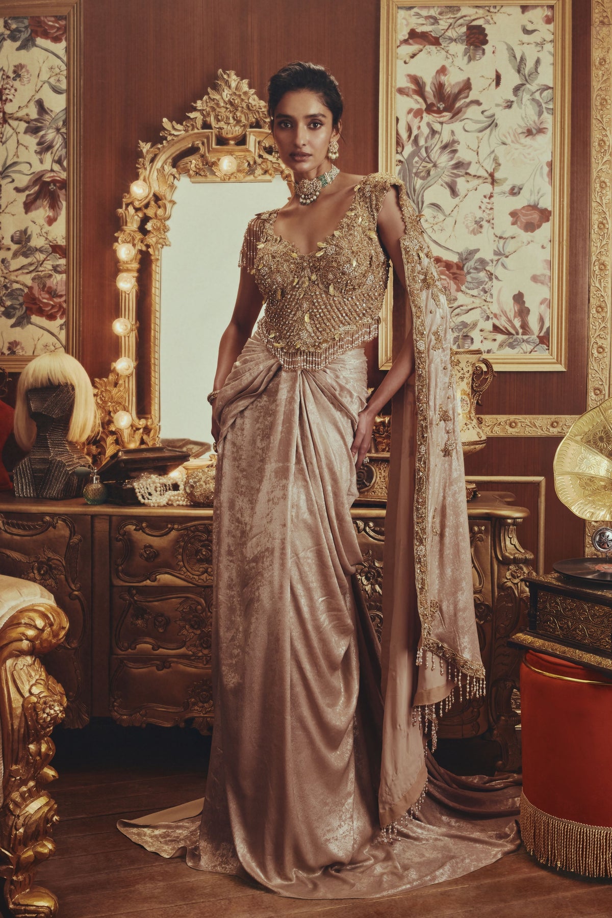 Celestine Gold Draped Skirt Set