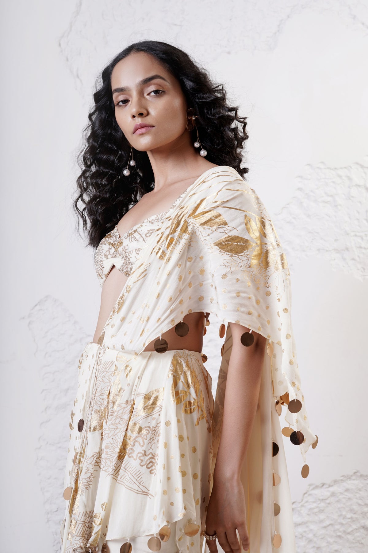 Ivory Foil Drape Saree Set