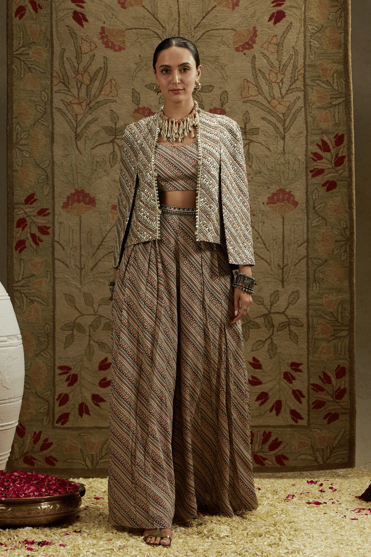 Beige Boho Stripe Jacket Set