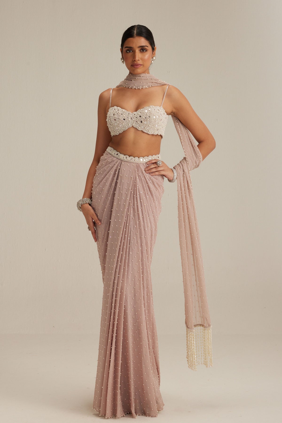 Ash Pink Pearl Scattered Draped Skirt Set