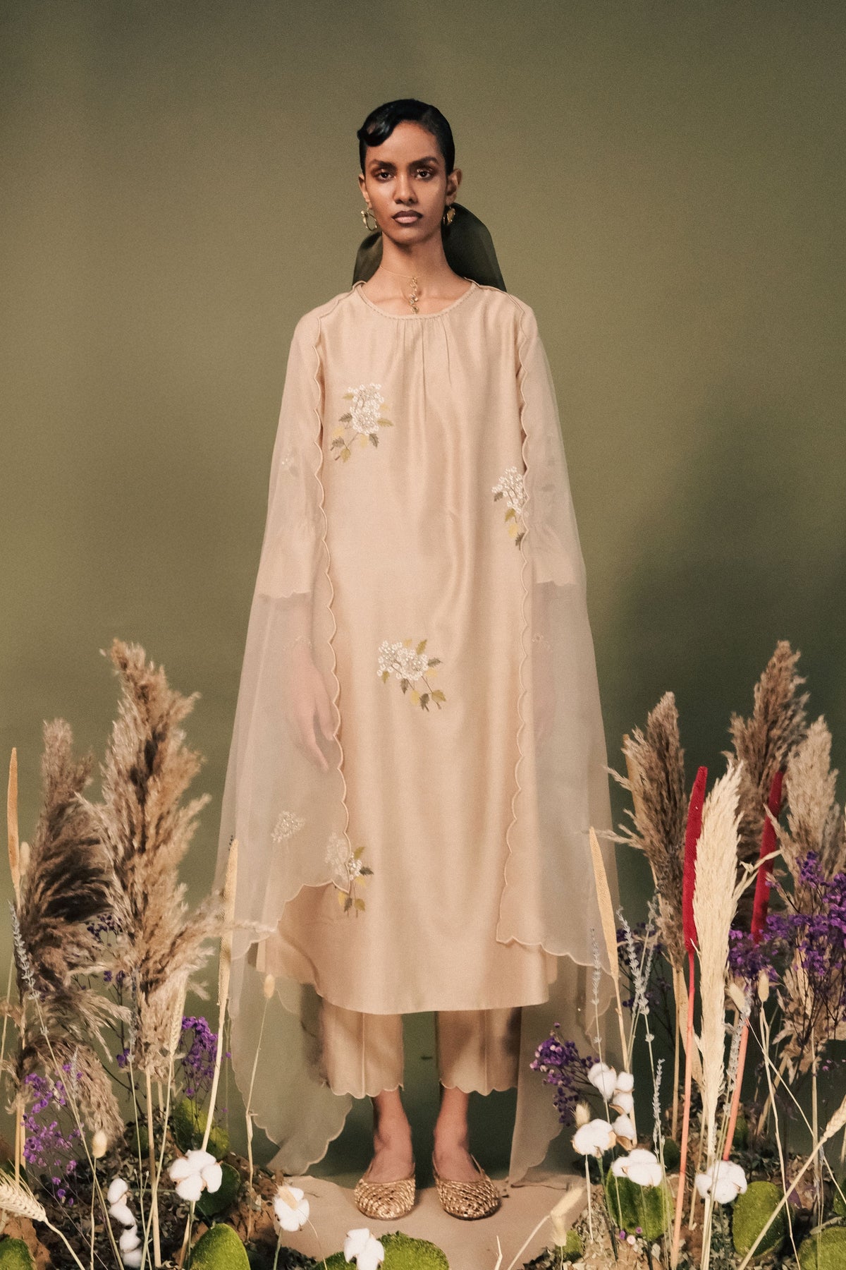 Beige Embroided Tunic Set