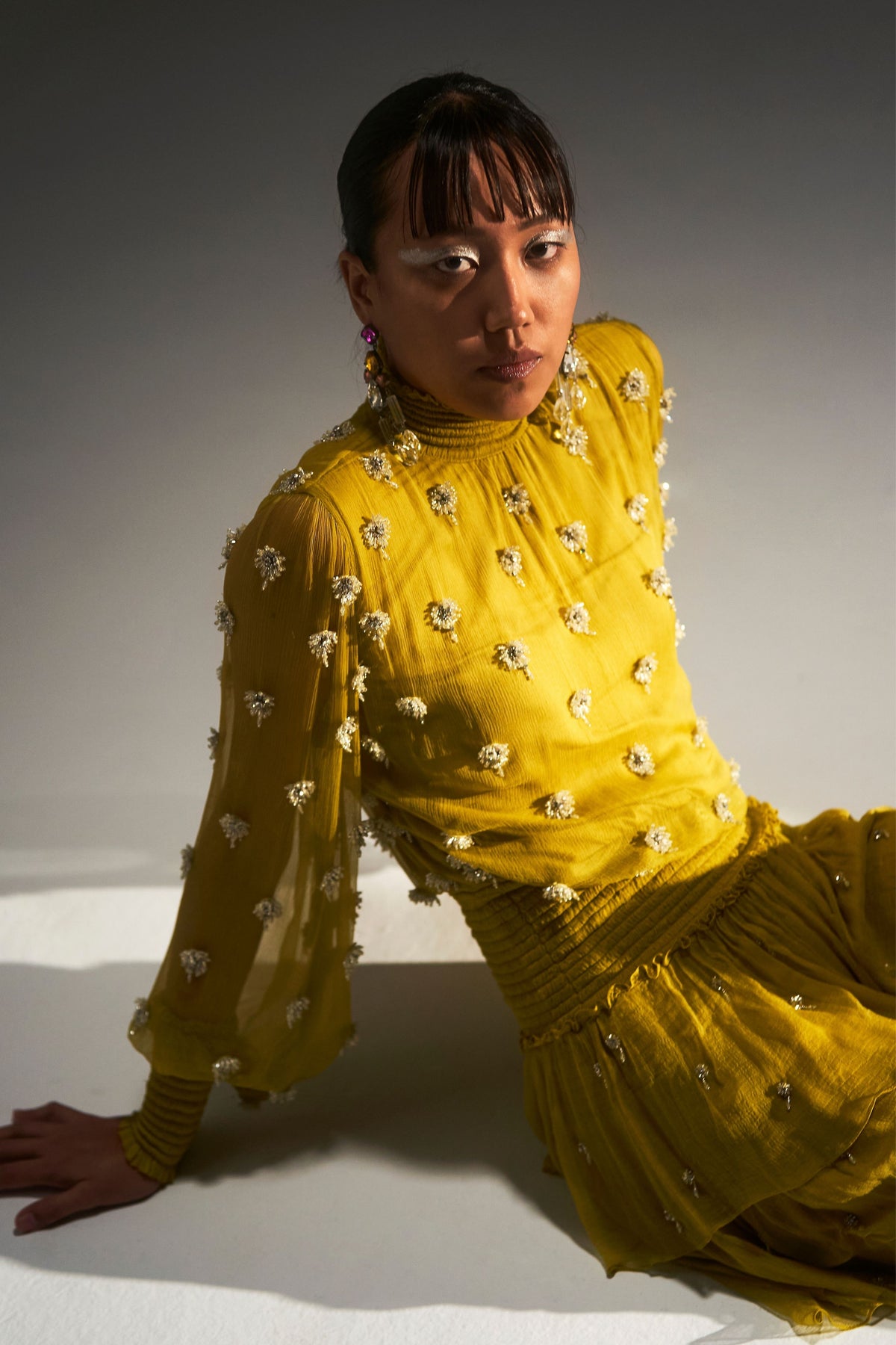Lime Yellow Embellished High Neck Dress