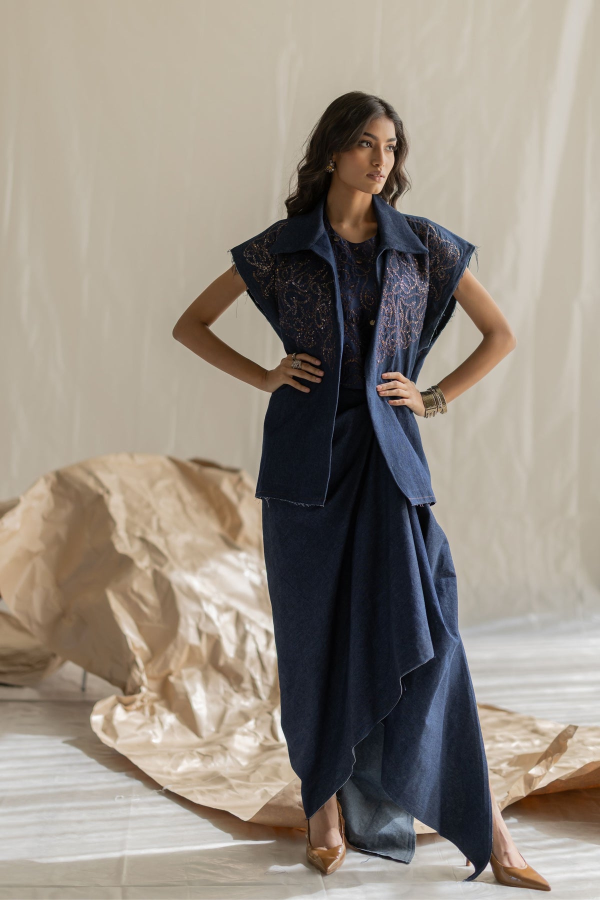 Dark Blue Denim Drape Skirt