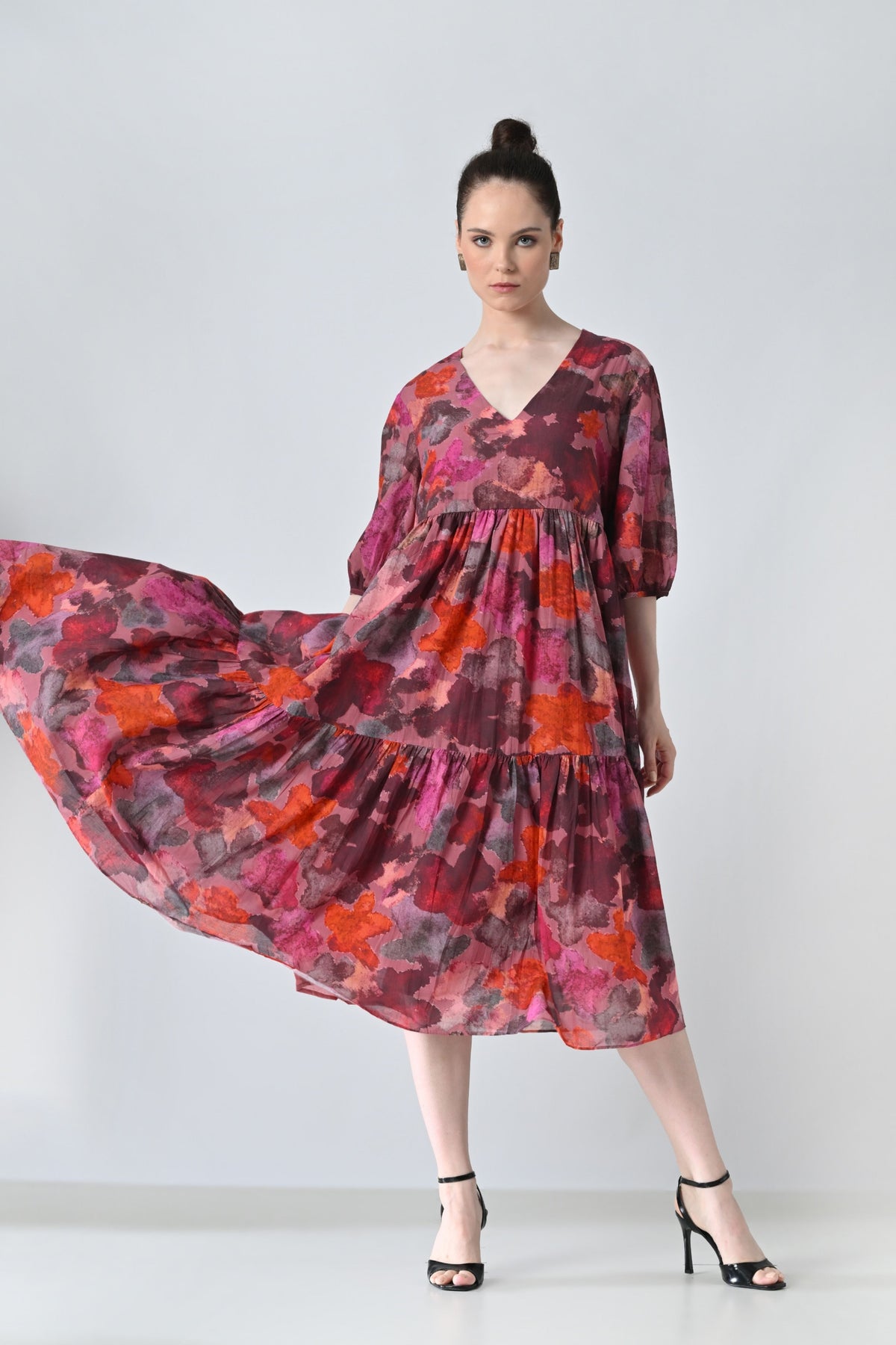 Red Bloom Printed Tiered Dress