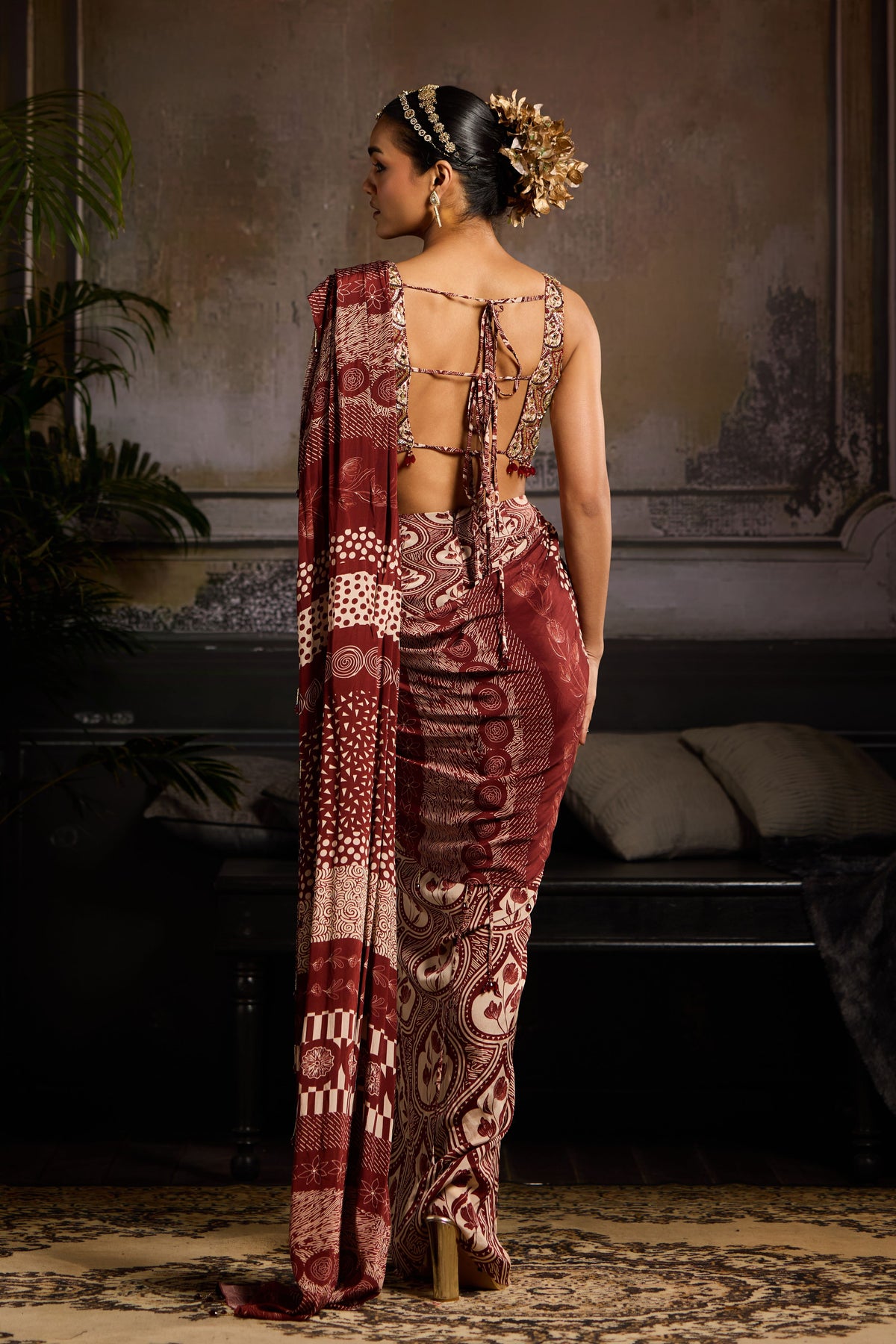 Maroon Leaf Printed Drape Saree Set