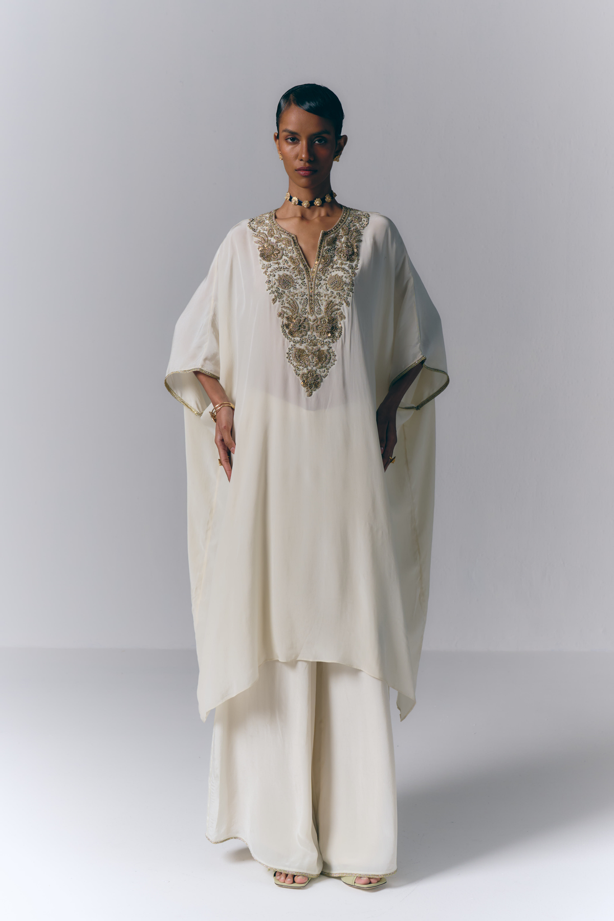 Ivory Embroidered Kaftan Set
