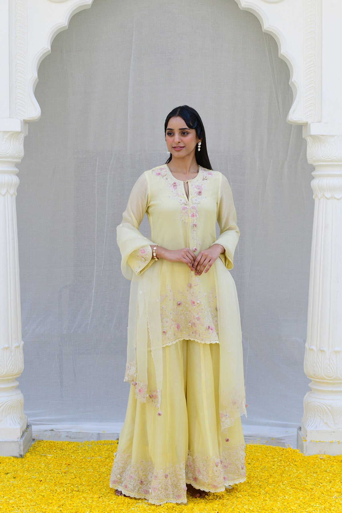 Lemon Yellow Heavy Ivory Sharara set