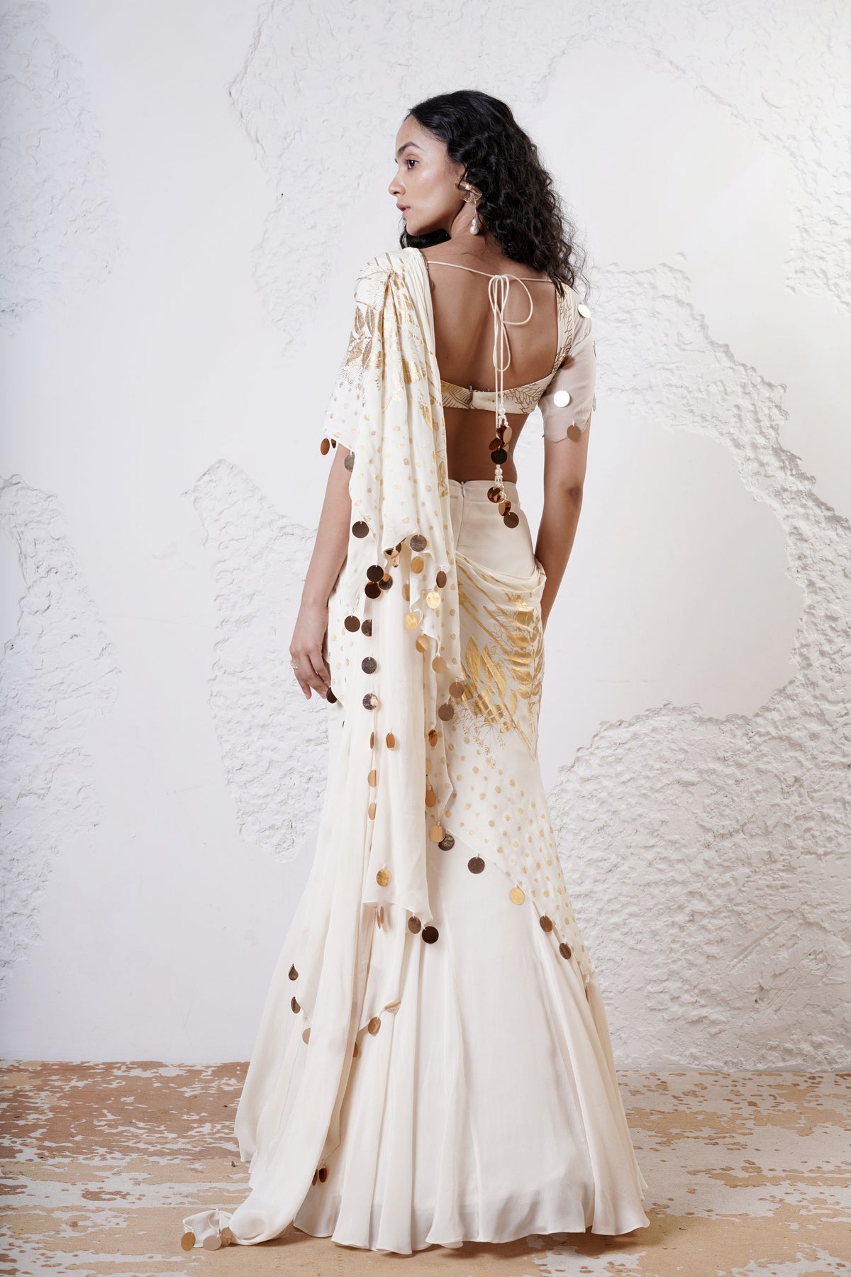 Ivory Foil Drape Saree Set