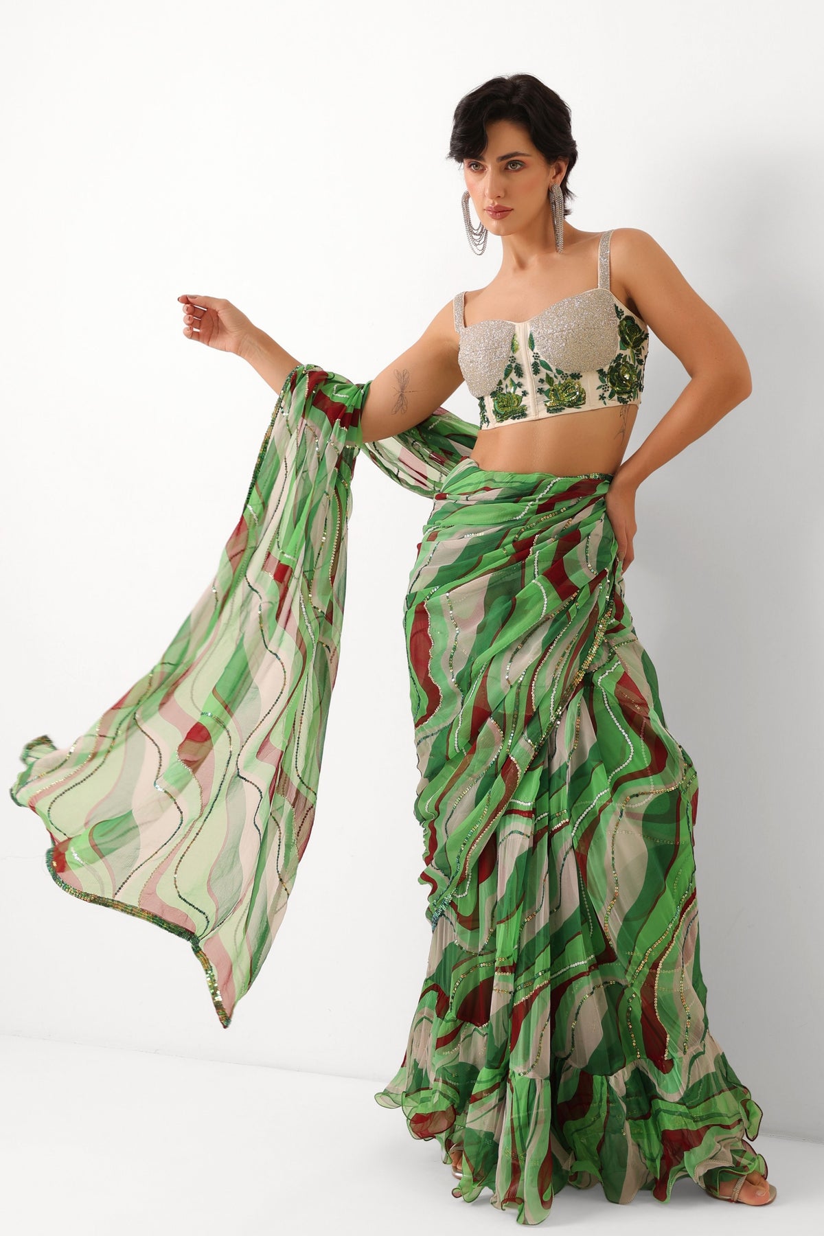 Lush Green Lehar Saree Set
