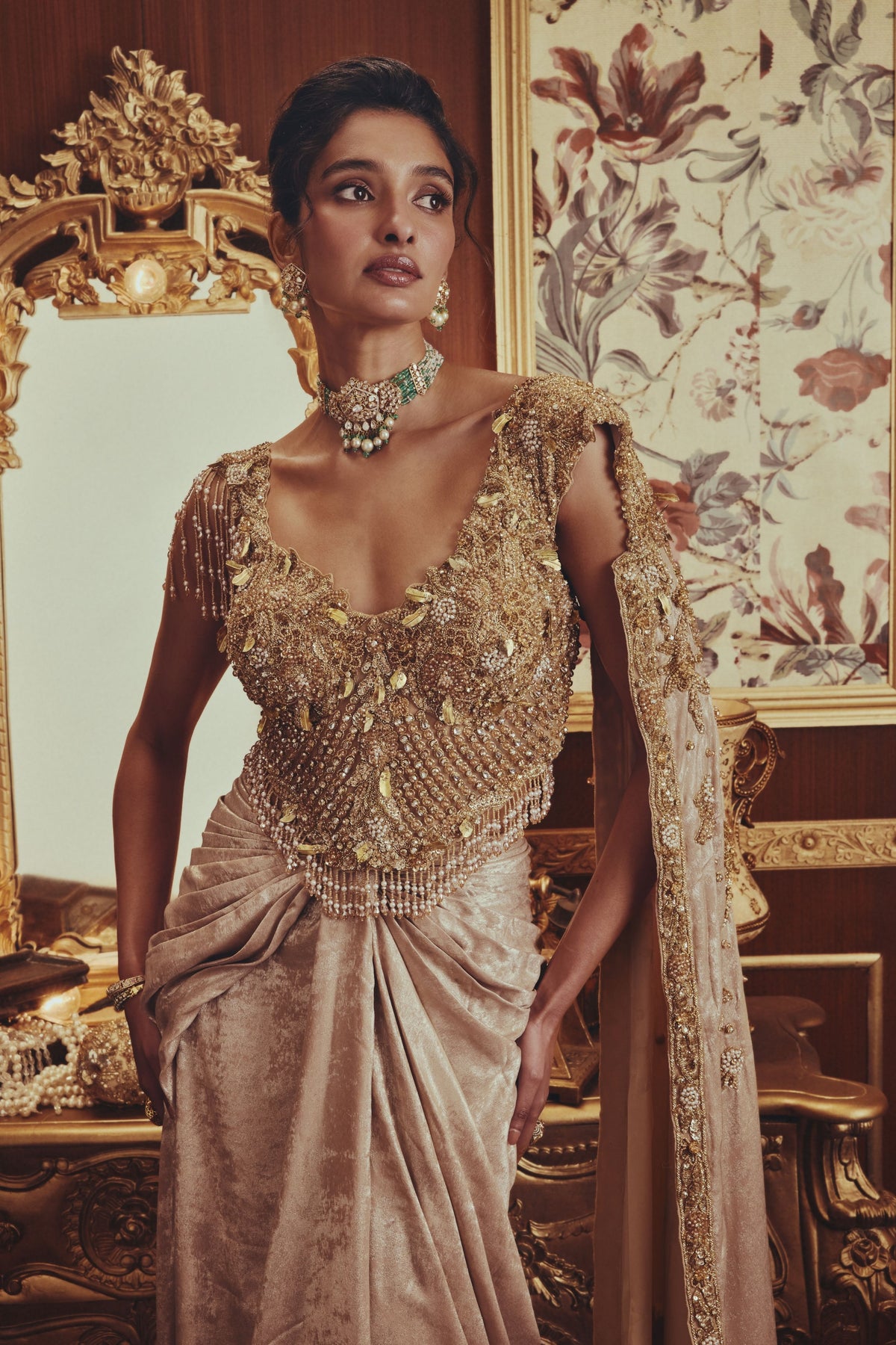 Celestine Gold Draped Skirt Set
