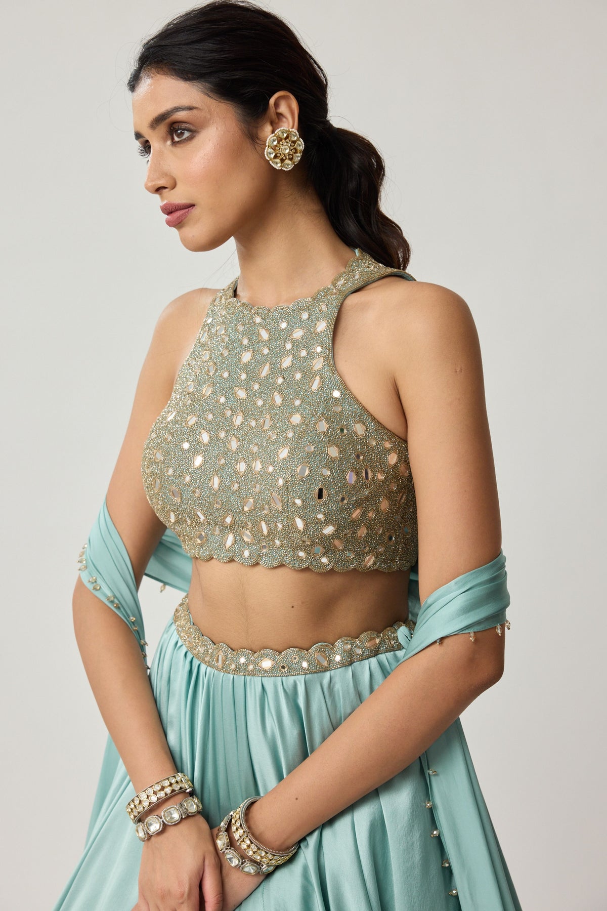 Powder Blue Mirror Lehenga Set