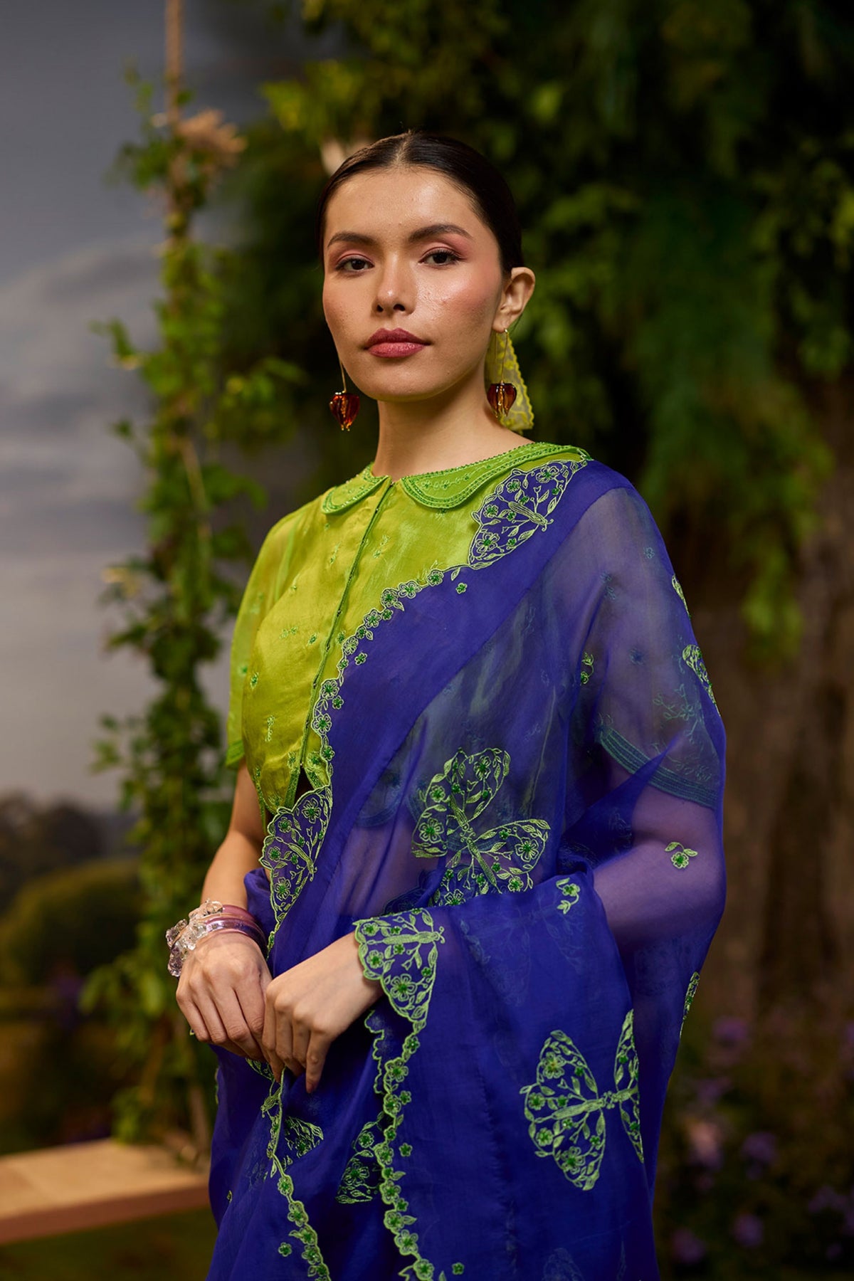 Flutter n Bloom Embroidered Purple Saree