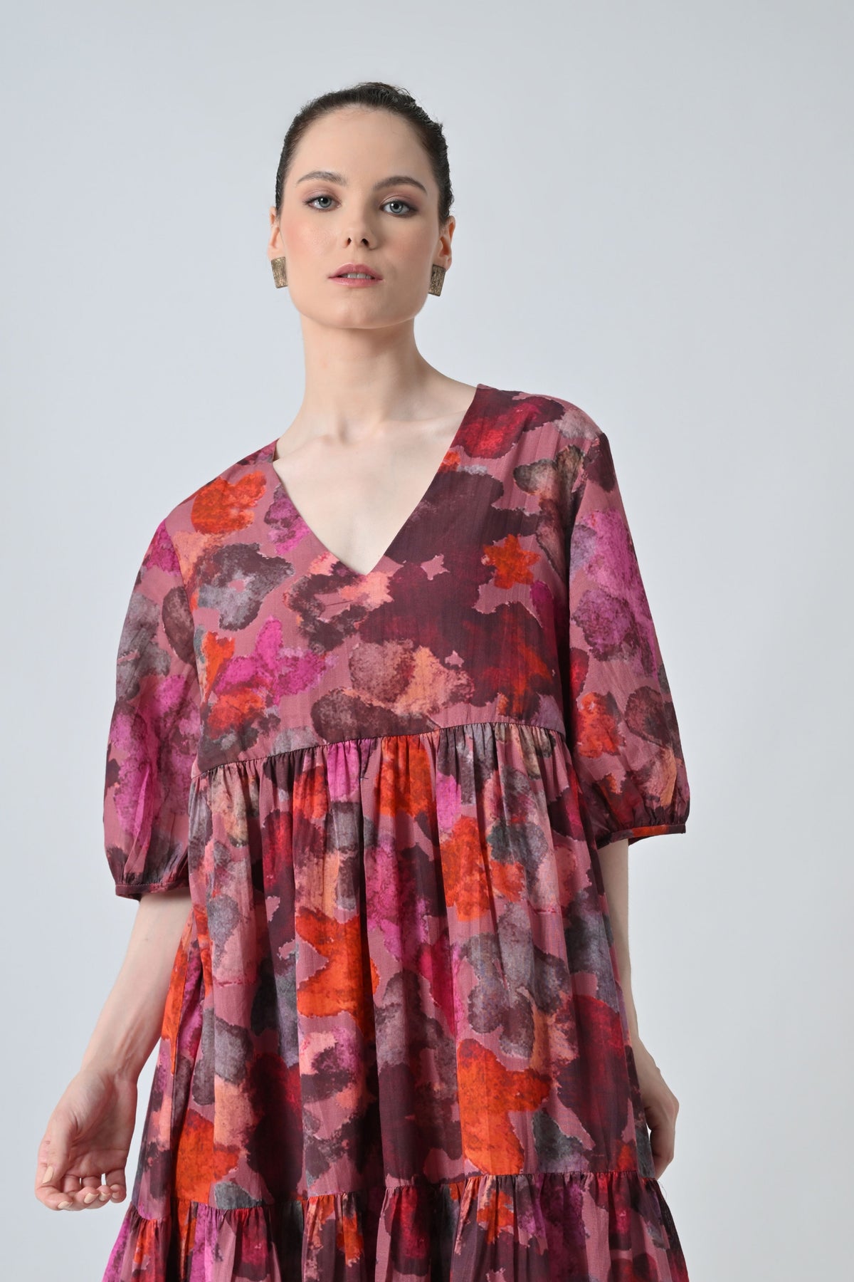 Red Bloom Printed Tiered Dress