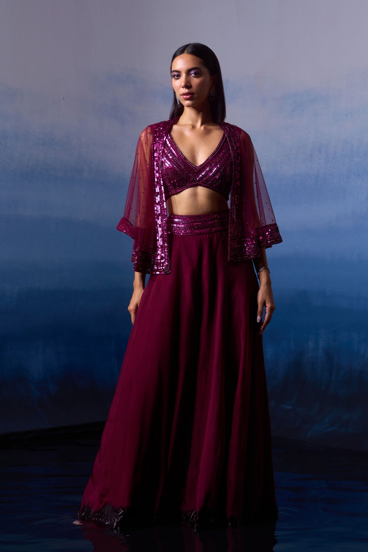 Wine Organza Cape Set