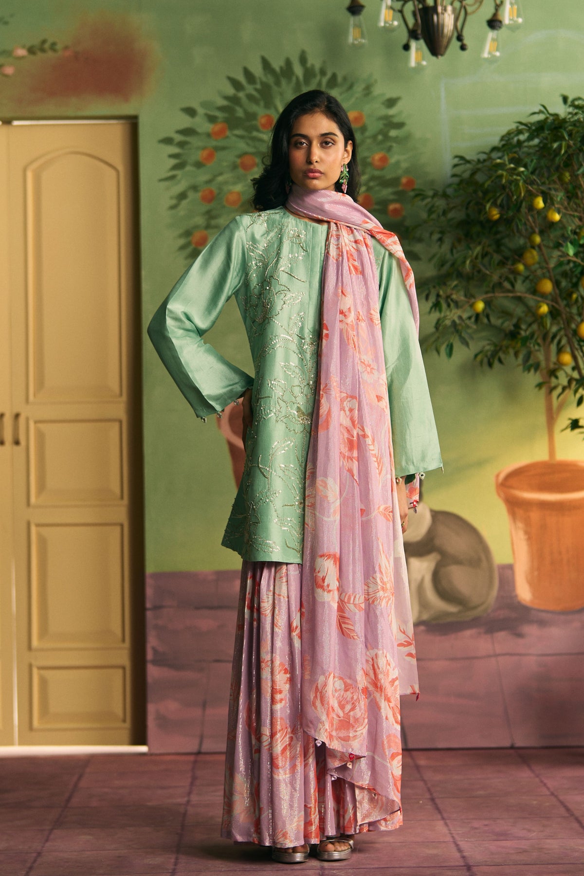 Mint Lilac Bloom Sharara Set