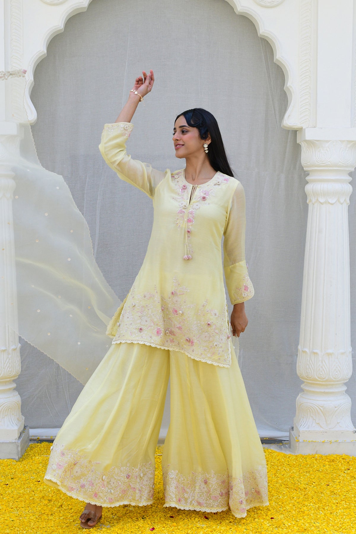 Lemon Yellow Heavy Ivory Sharara set