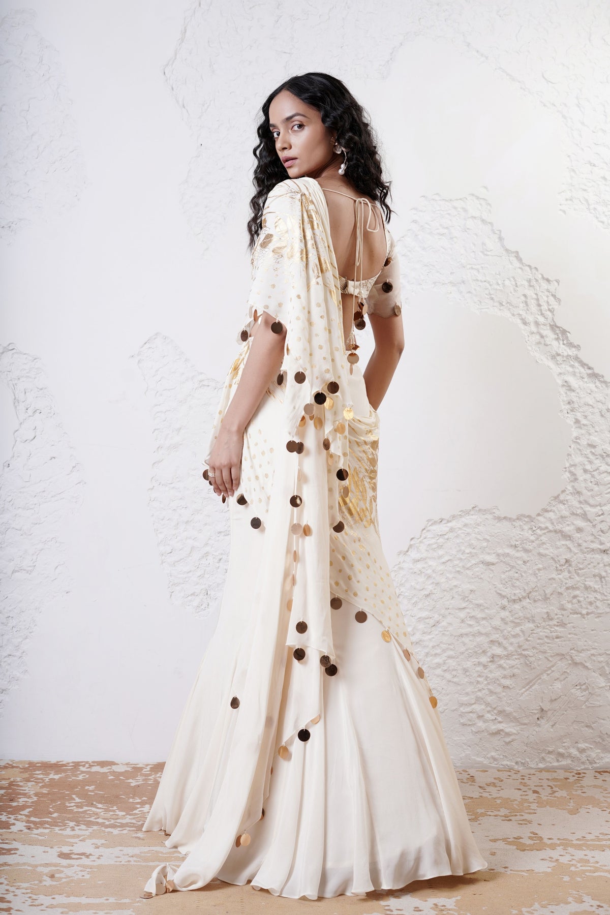 Ivory Foil Drape Saree Set