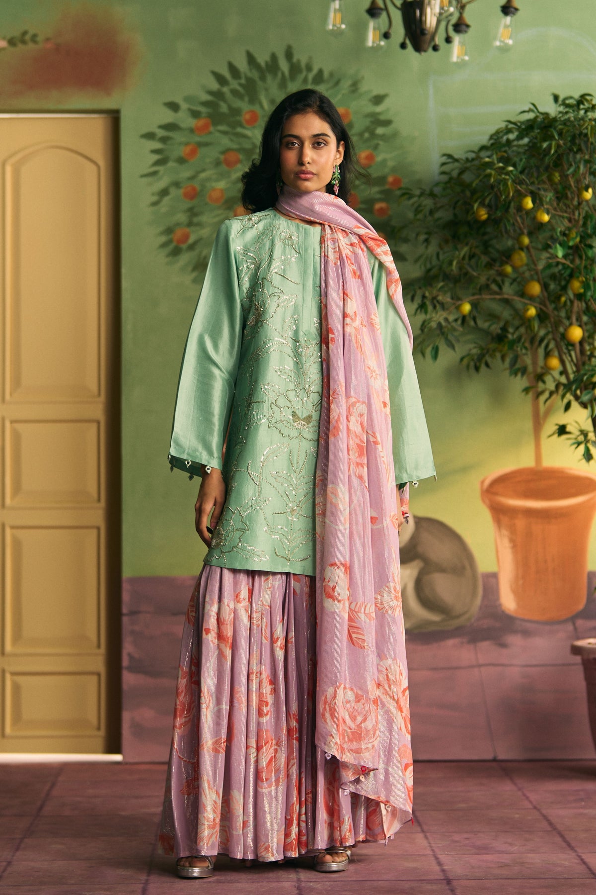 Mint Lilac Bloom Sharara Set