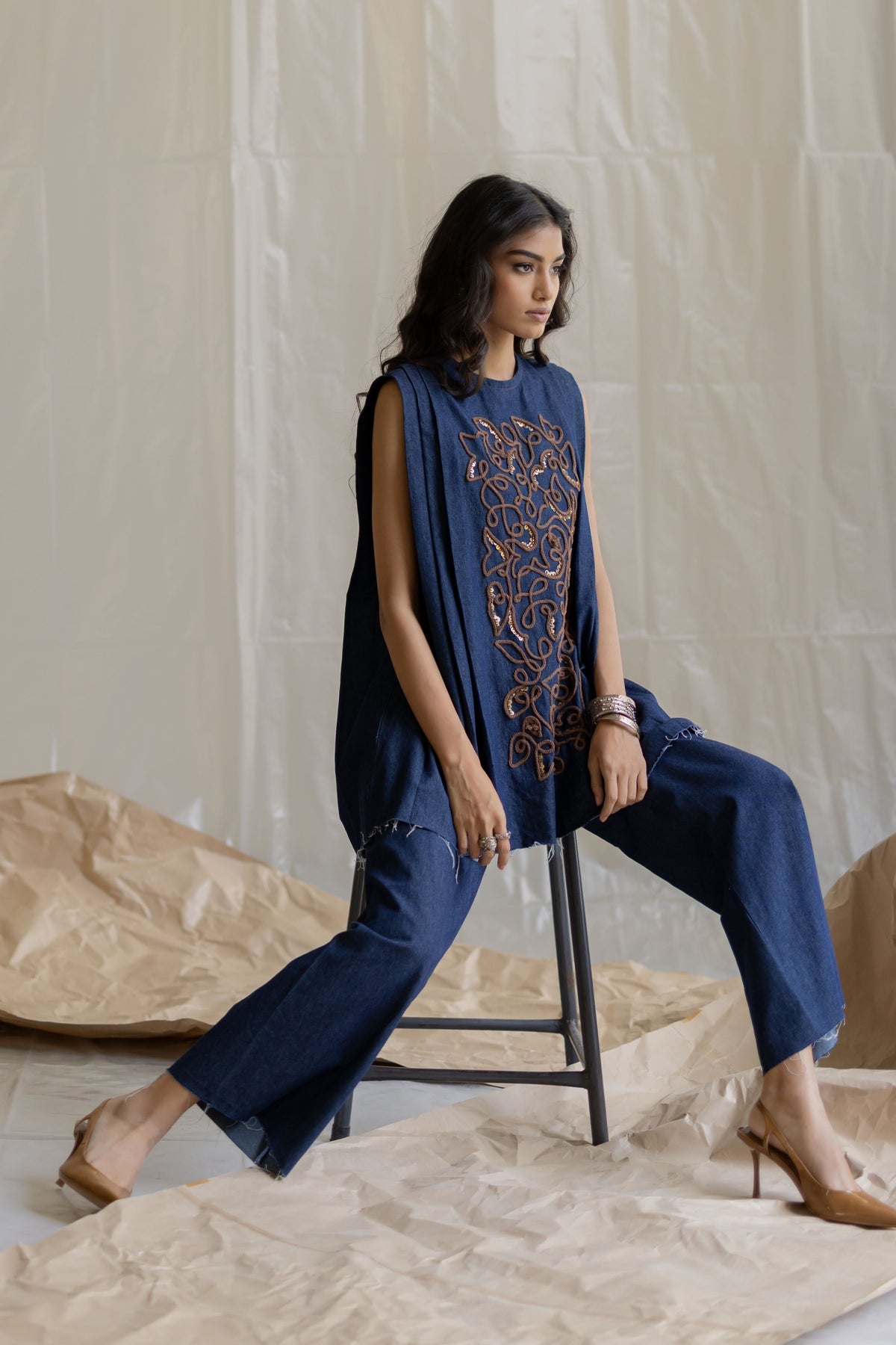 Shoulder Pleated Top With Pants