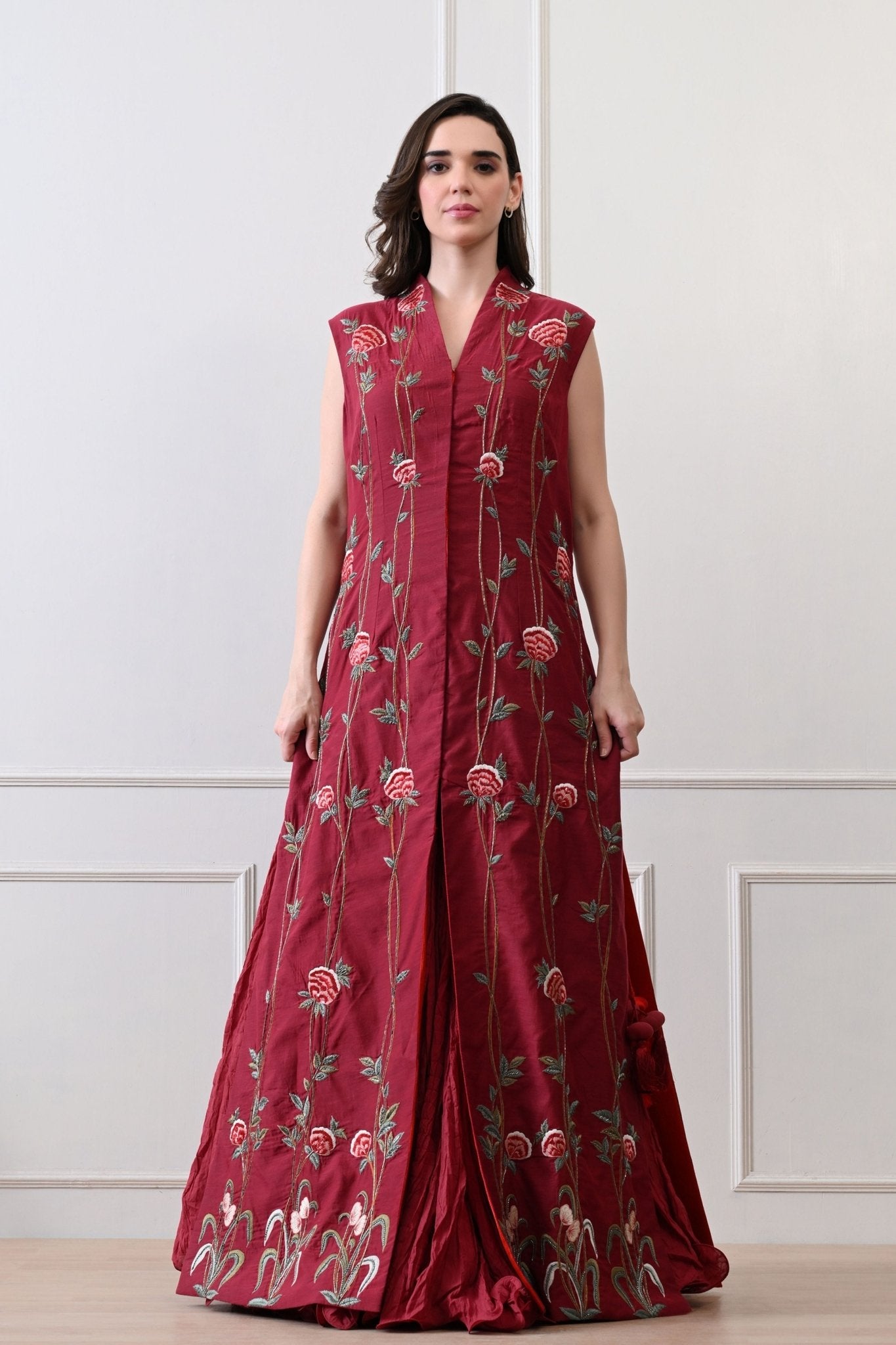 Maroon Long Jacket Anarkali Set - Samant Chauhan - Elahe