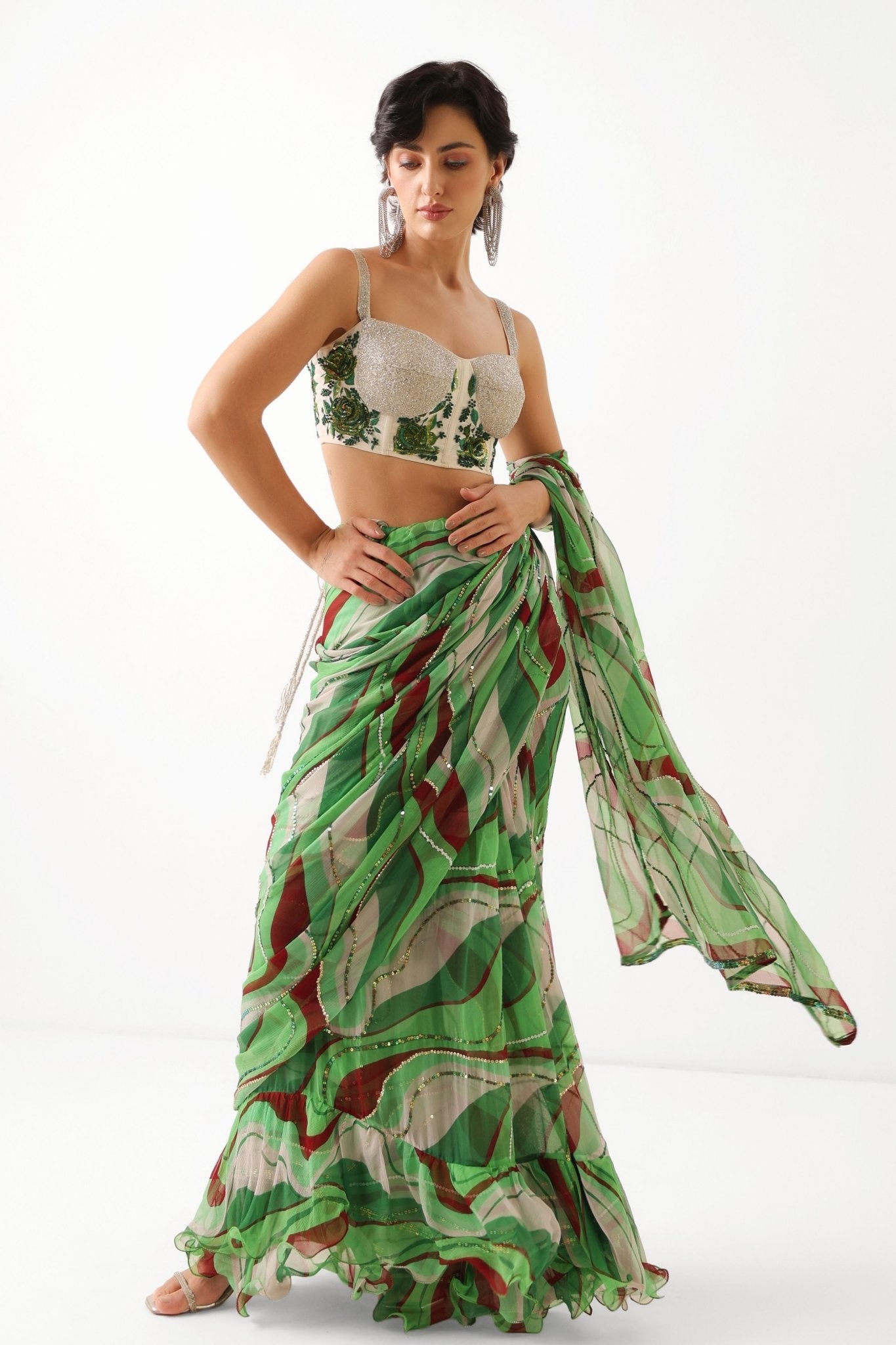 Lush Green Lehar Saree Set - Pallavi Jaipur - Elahe