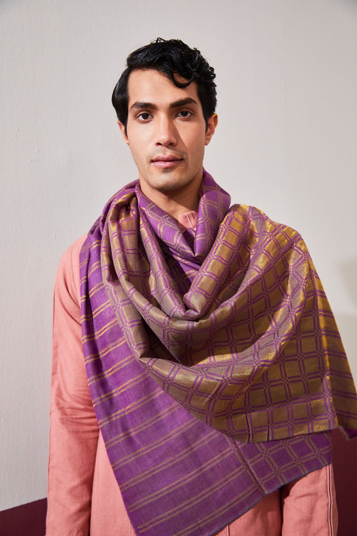 Zari Check Reversible Purple Stole